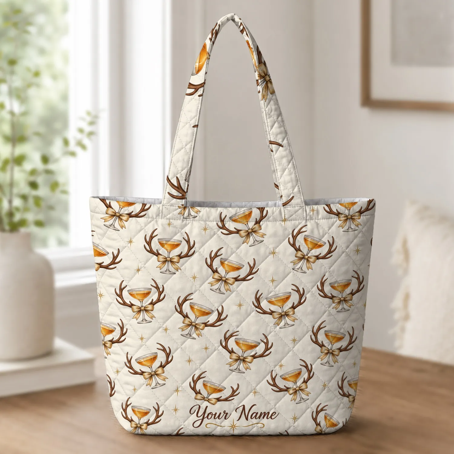 Antler Martini Cocktails with Gold Bows for Christmas Parties and Holiday Party Style Quilted Tote Bag - 1