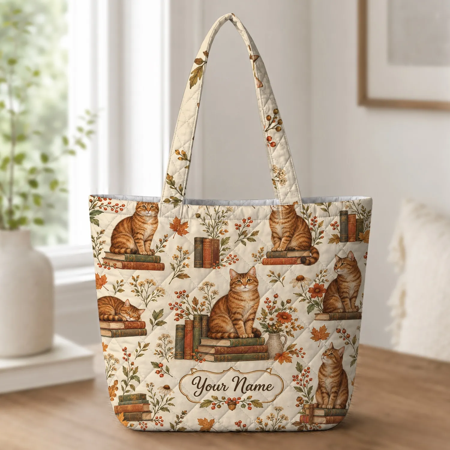 Autumn Bookish Cat and Wildflowers for Cozy Library Days and Reader Gifts Quilted Tote Bag - 1
