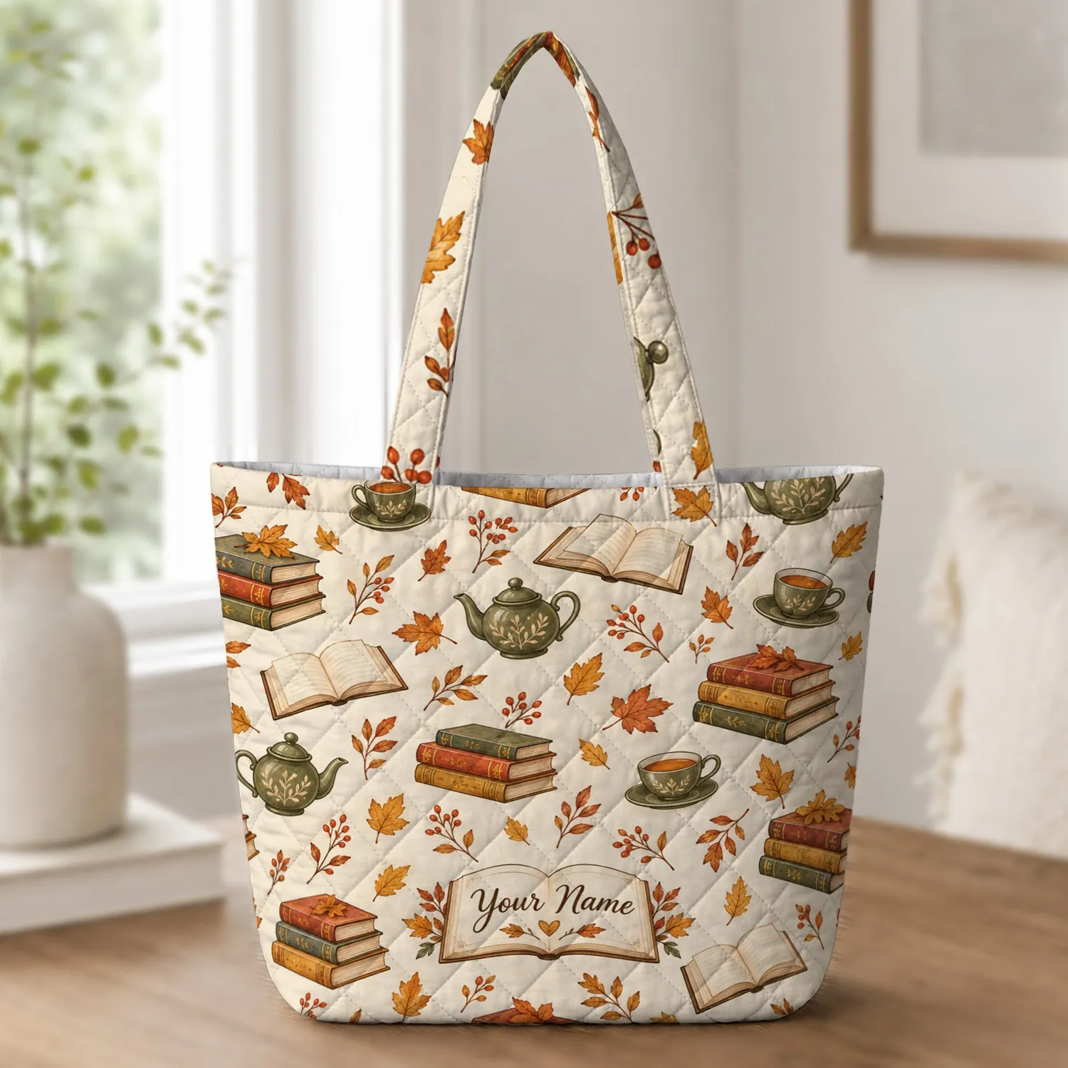 Autumn Books And Tea Motifs For Cozy Reading Season Gifts For Book Lovers Quilted Tote Bag - 1