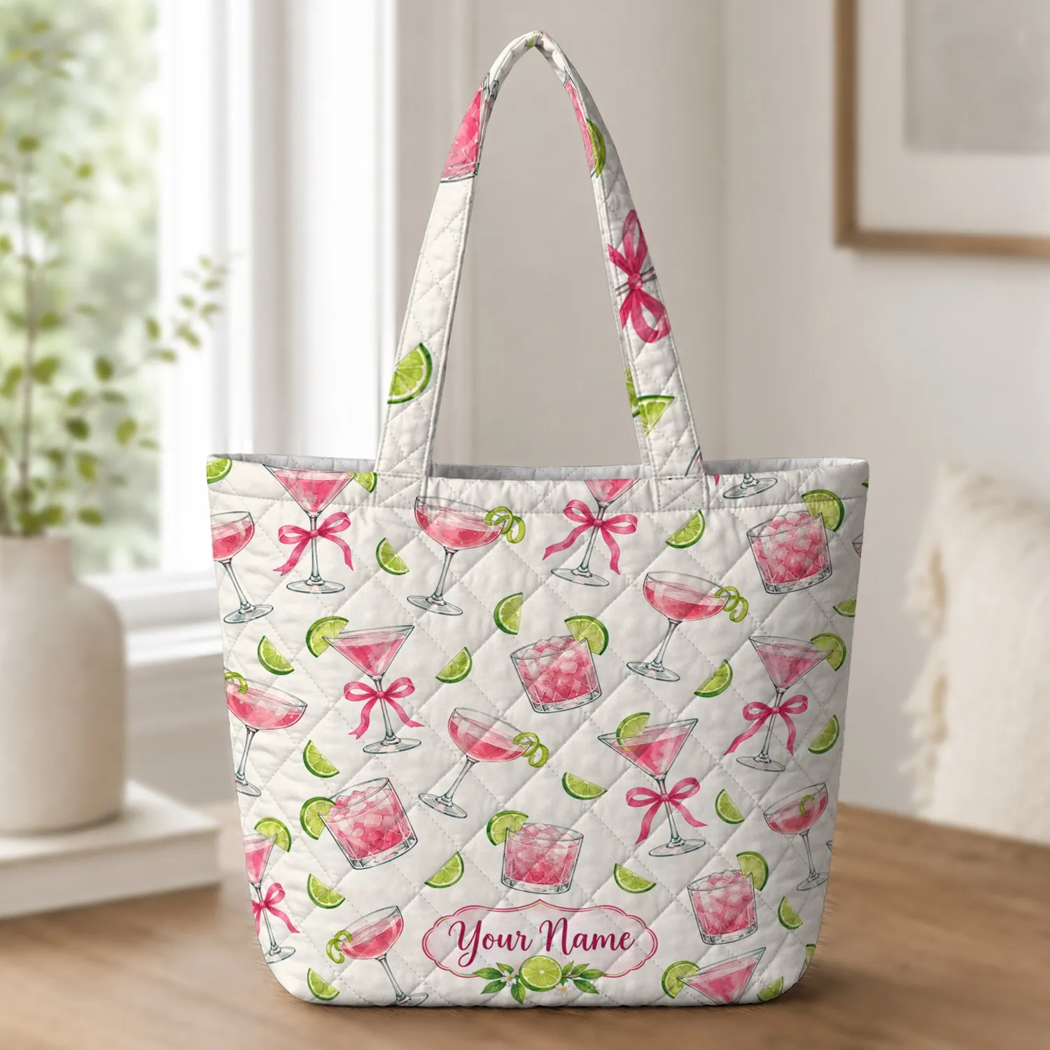 Pink Martini Lime Bow Cocktails for Girls’ Night Out and Summer Party Gifts for Her Quilted Tote Bag - 1