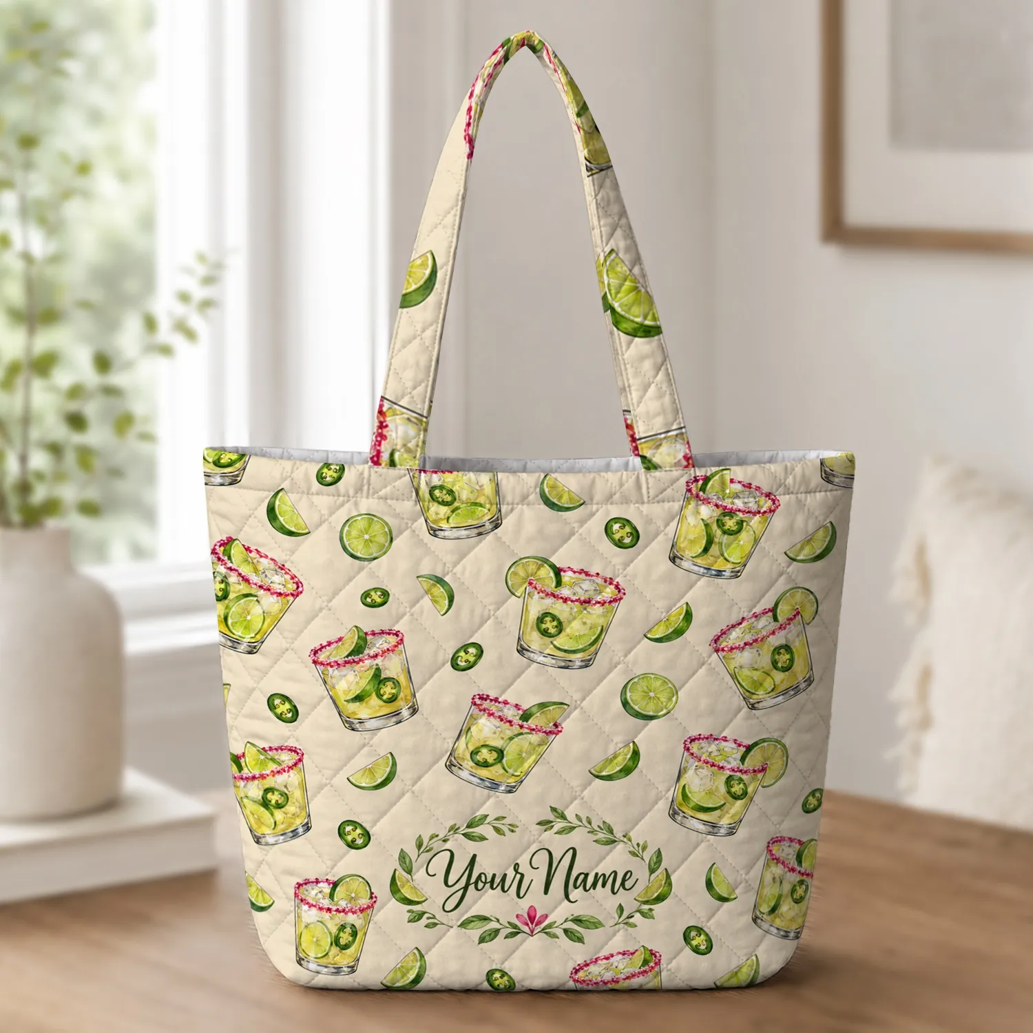 Spicy Margarita Lime Cocktail Motifs for Girls Night Celebrations and Summer Sipping Quilted Tote Bag - 1