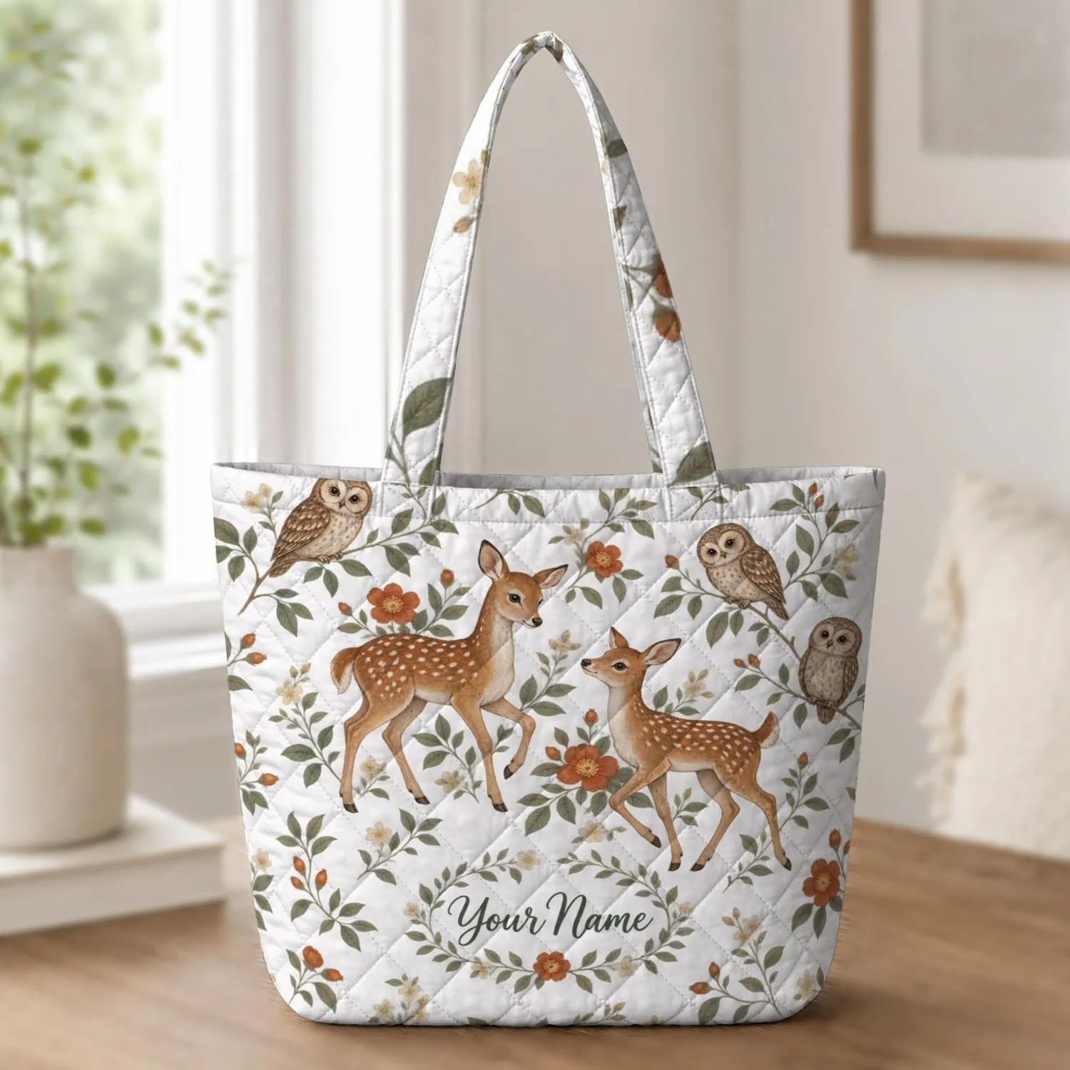 Woodland Deer, Owls And Wildflowers For Nature-Loving Everyday Adventures And Gifts Quilted Tote Bag - 1