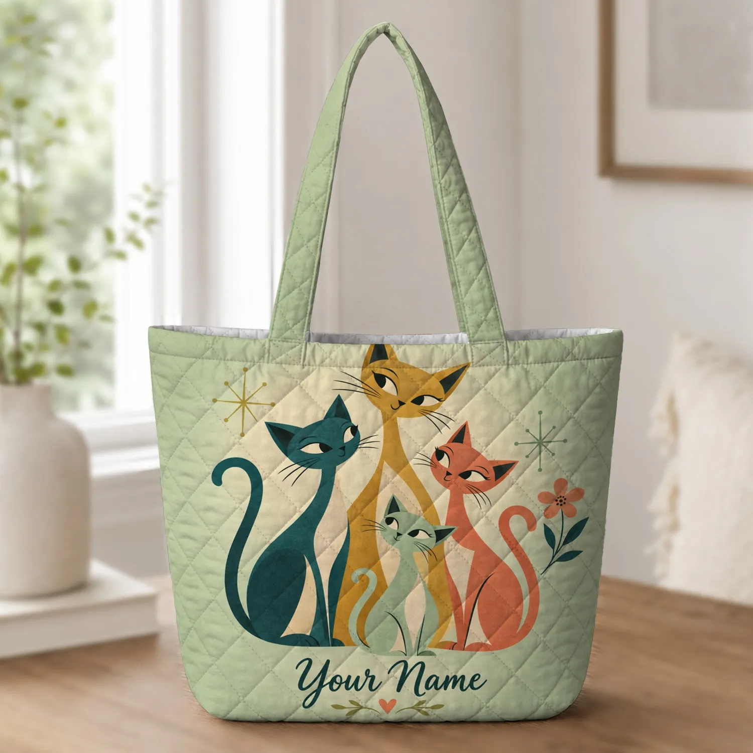 Retro Mid-Century Cat Family for Everyday Errands and Thoughtful Cat Lover Gifts Quilted Tote Bag - 1