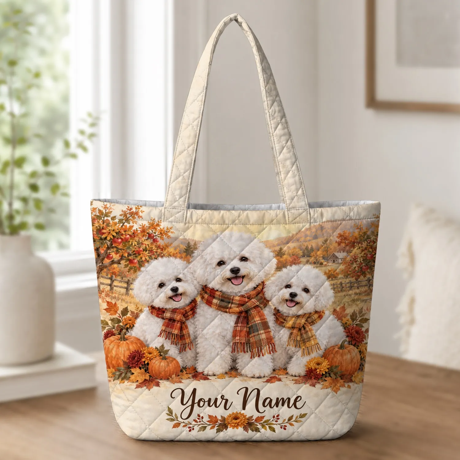Bichon Frise Trio With Autumn Pumpkins for Cozy Fall Dog Lover Gifts Quilted Tote Bag - 1