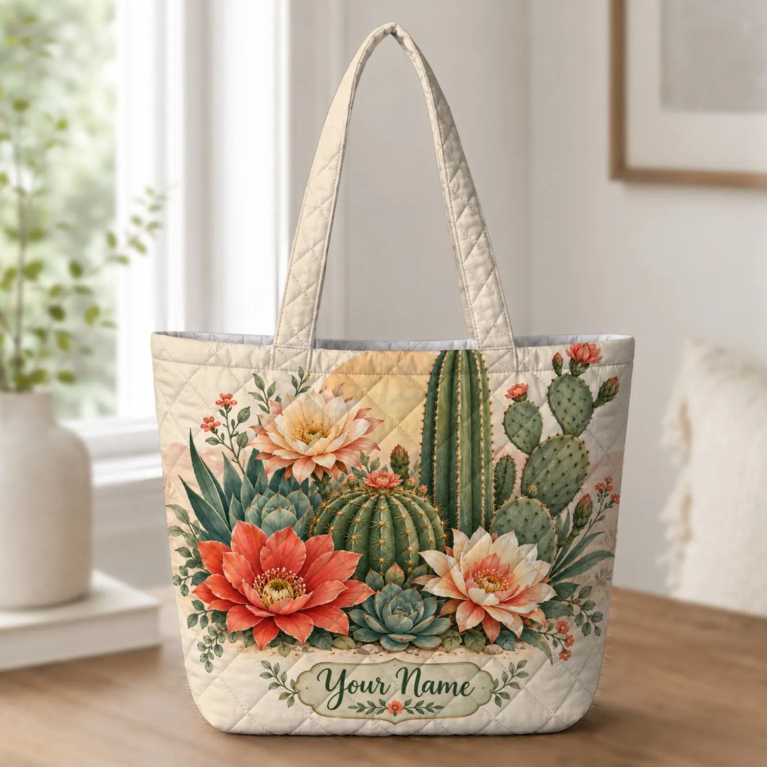 Cactus and Succulent Garden with Coral Blooms for Desert-Loving Women and Gardeners Quilted Tote Bag - 1
