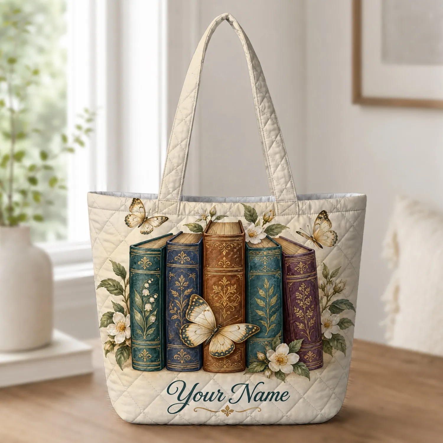 Vintage Books Butterflies and Blossoms for Library Lovers and Reading Days Quilted Tote Bag - 1