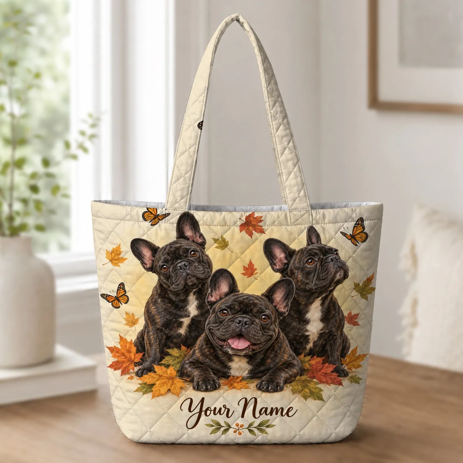 French Bulldog Trio With Autumn Leaves for Dog Lovers and Fall Outings Quilted Tote Bag - 1