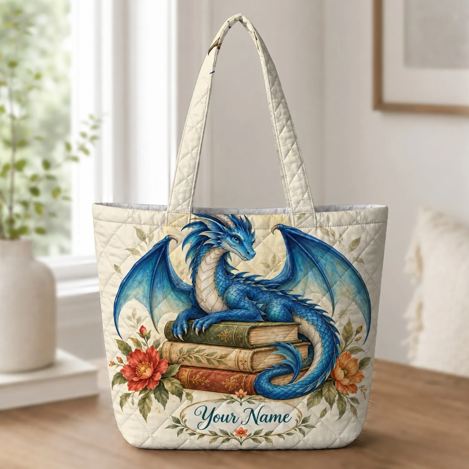 Blue Book Dragon With Botanical Blooms for Cozy Reading Gifts for Fantasy Lovers Quilted Tote Bag - 1