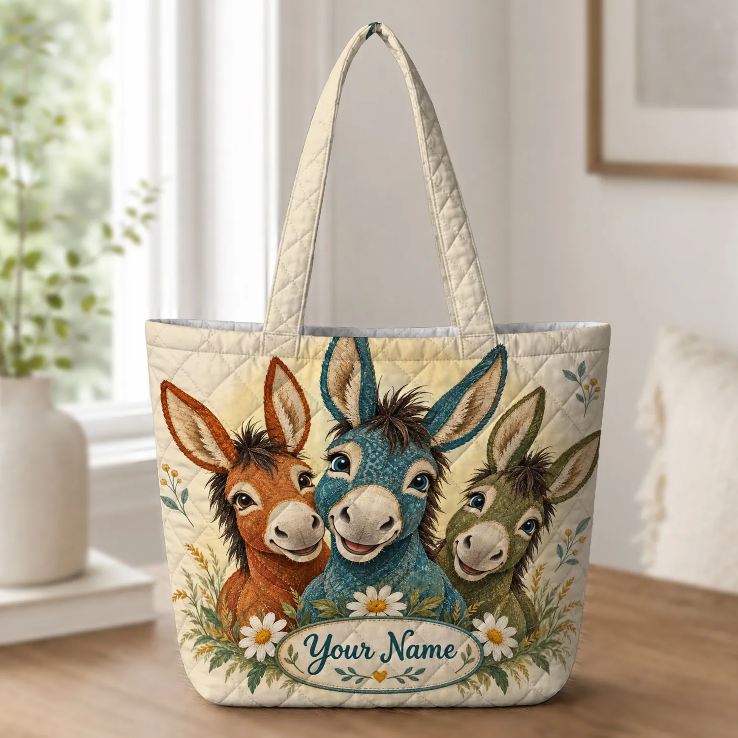 Three Cheerful Donkeys for Farm Days and Country Adventures for Donkey Lovers Quilted Tote Bag - 1
