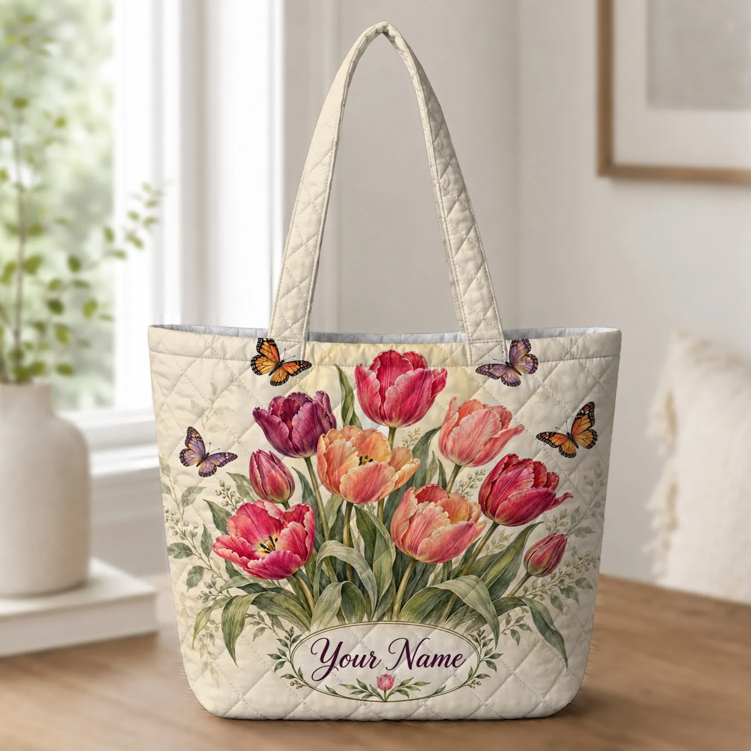 Colorful Tulip and Butterfly Garden for Spring Outings and Flower Lovers Quilted Tote Bag - 1
