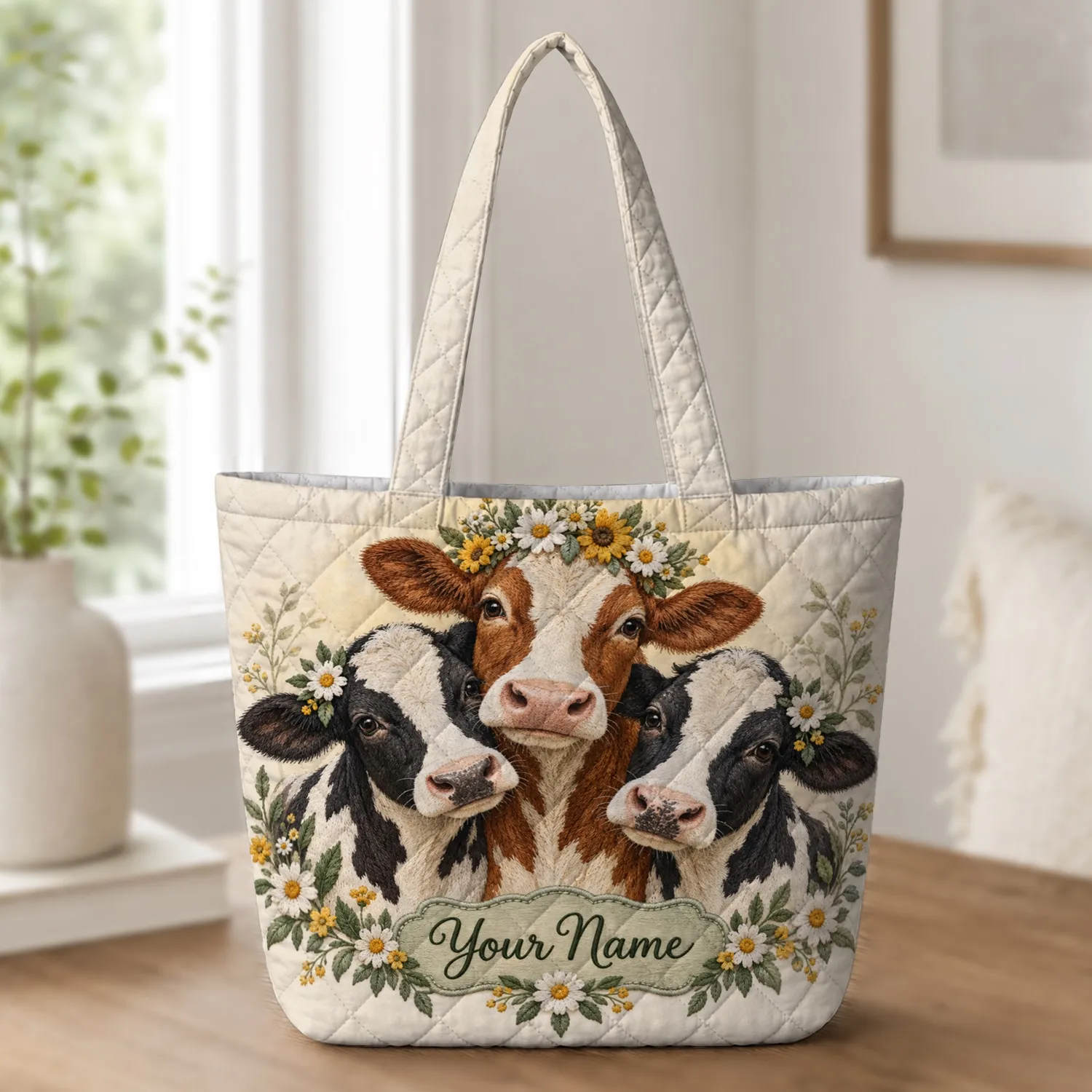 Daisy Crowned Cow Trio for Farmhouse Living, Spring Gatherings and Country Gifts for Her Quilted Tote Bag - 1