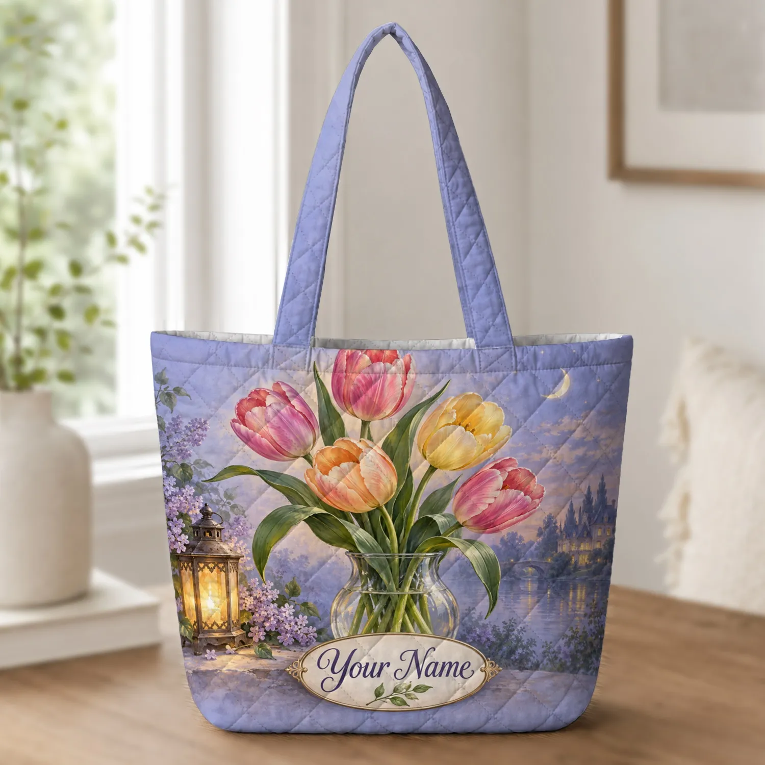 Moonlit Tulips and Lavender for Romantic Garden Lovers and Thoughtful Evening Gifts Quilted Tote Bag - 1