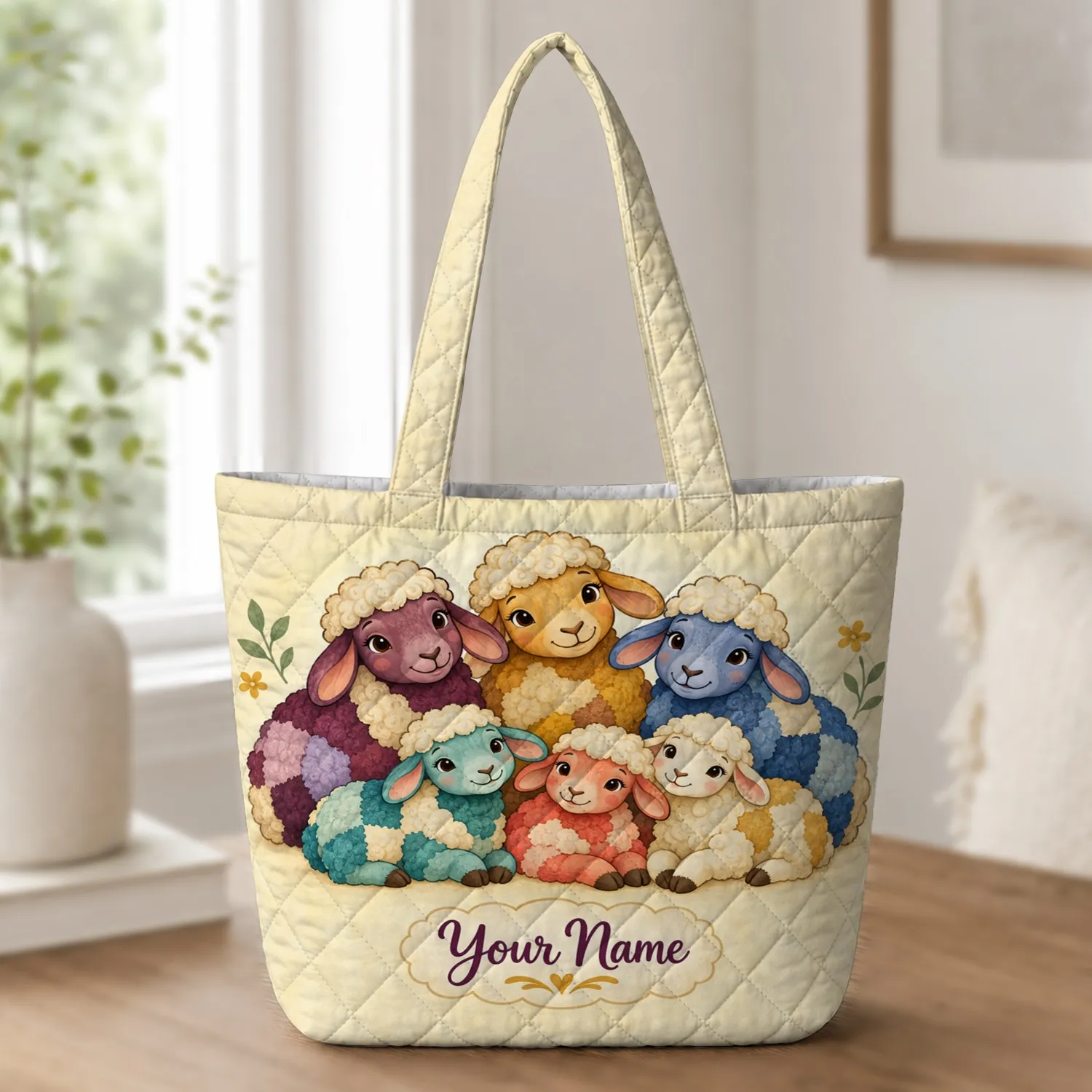 Colorful Sheep Family for Farm Visits and Cozy Country Days for Animal Lovers Quilted Tote Bag - 1