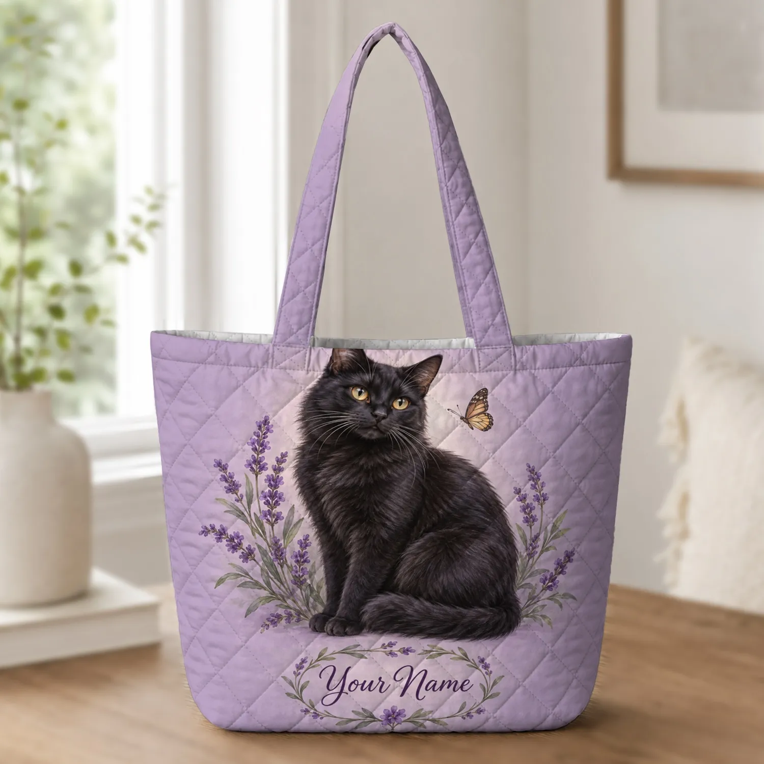 Black Cat Among Lavender Blooms for Witchy Garden Days and Cat Lover Gifts for Women Quilted Tote Bag - 1