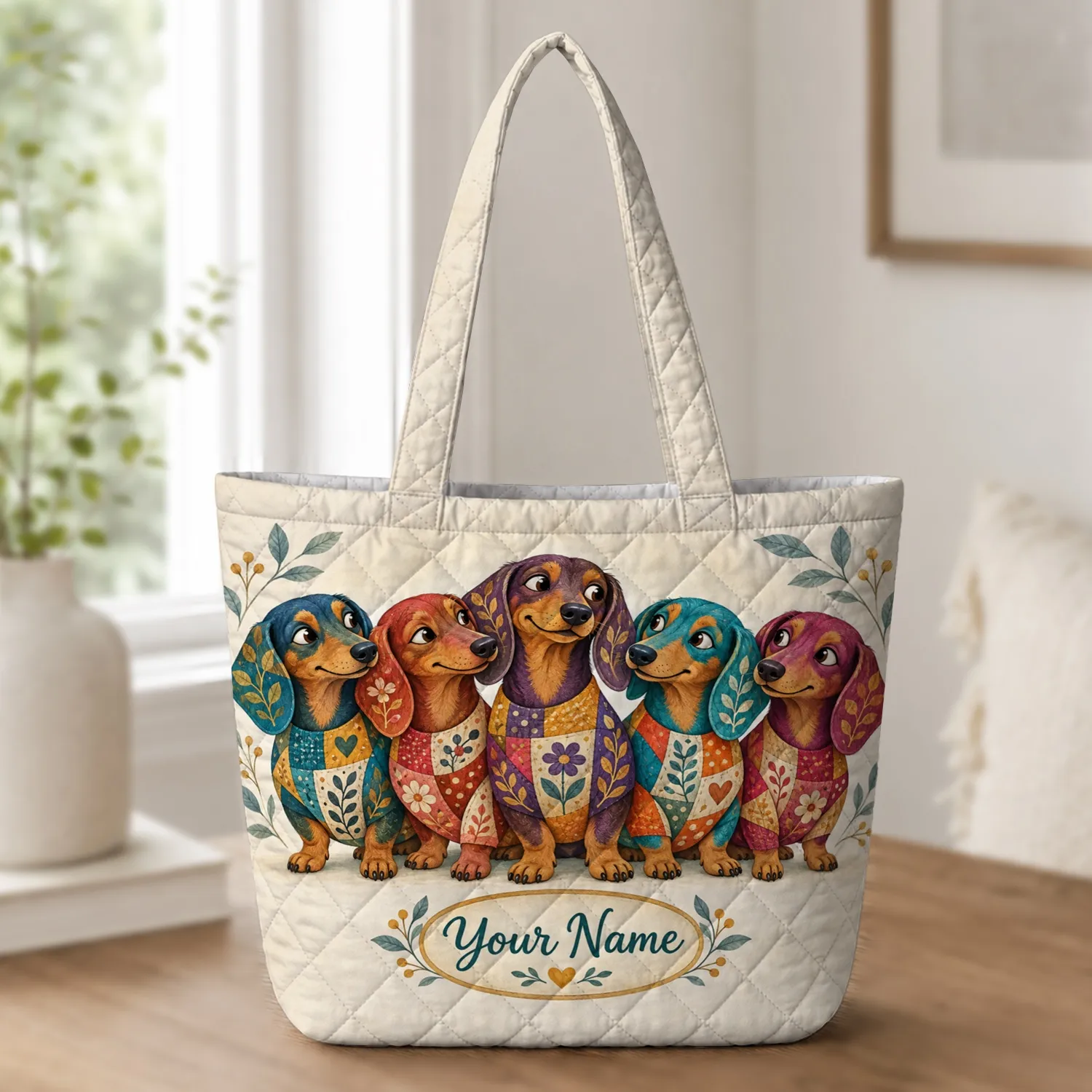 Colorful Patchwork Dachshund Dogs for Dog Lover Gifts and Cheerful Everyday Outings Quilted Tote Bag - 1