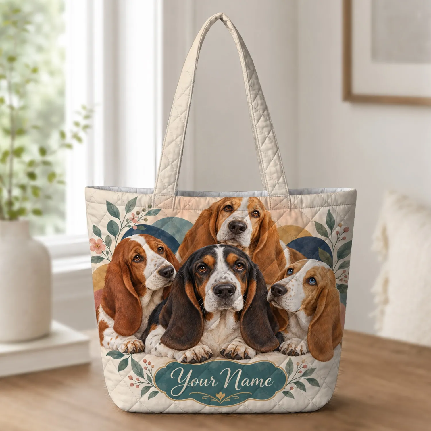 Basset Hound Friends for Cozy Cottage Errands and Everyday Gifts for Dog Lovers Quilted Tote Bag - 1