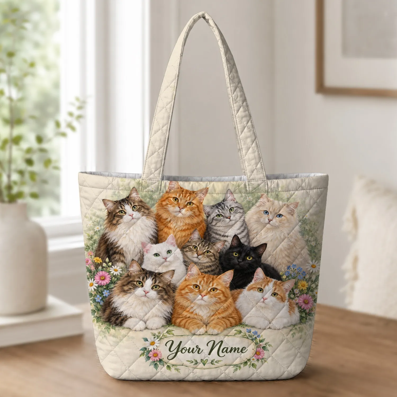 Colorful Floral Cat Family with Ten Kittens for Cozy Everyday Style and Cat Lover Gifts Quilted Tote Bag - 1