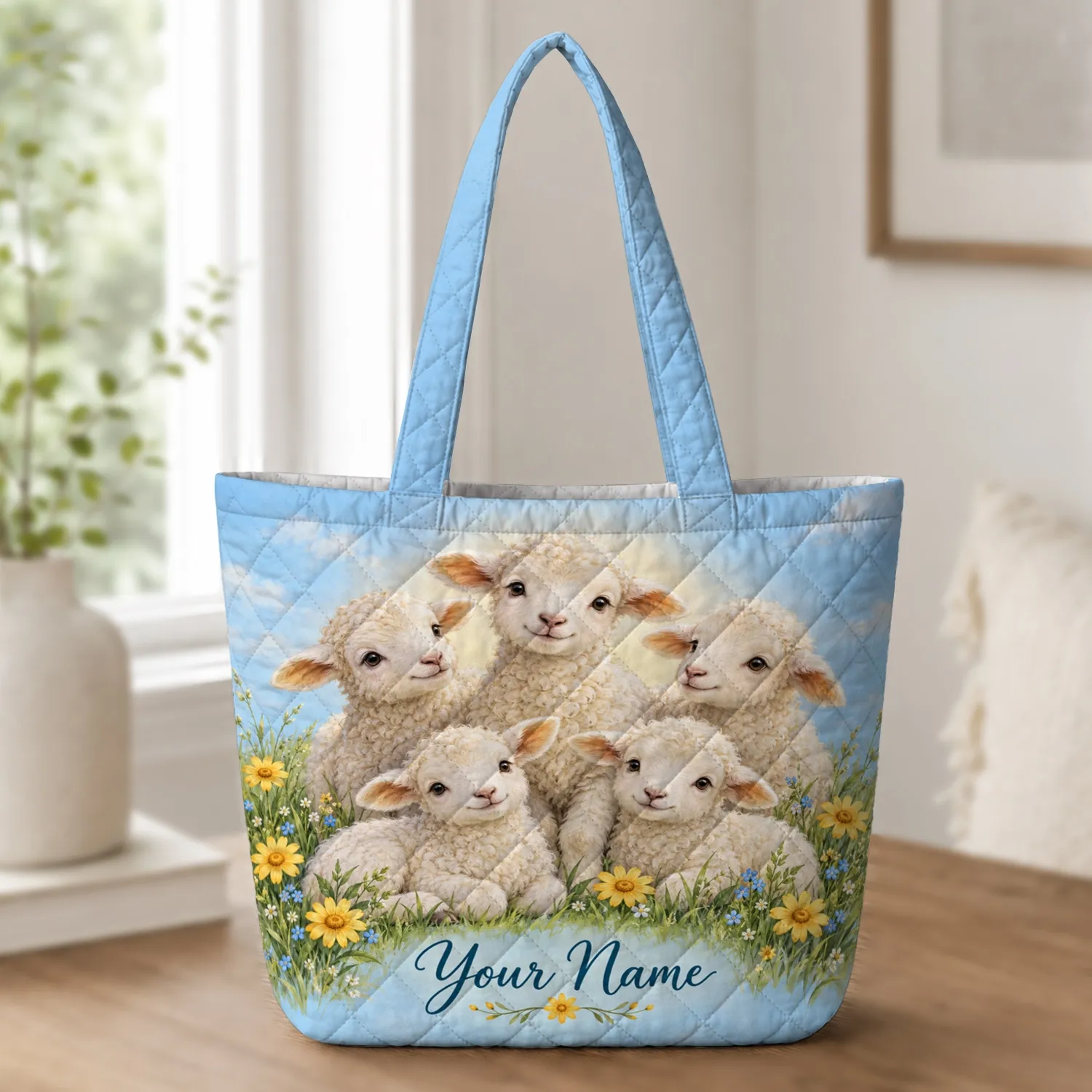 Fluffy Lambs And Golden Wildflowers For Cozy Farmhouse Laundry Days, Country Cottage Gift Quilted Tote Bag - 1
