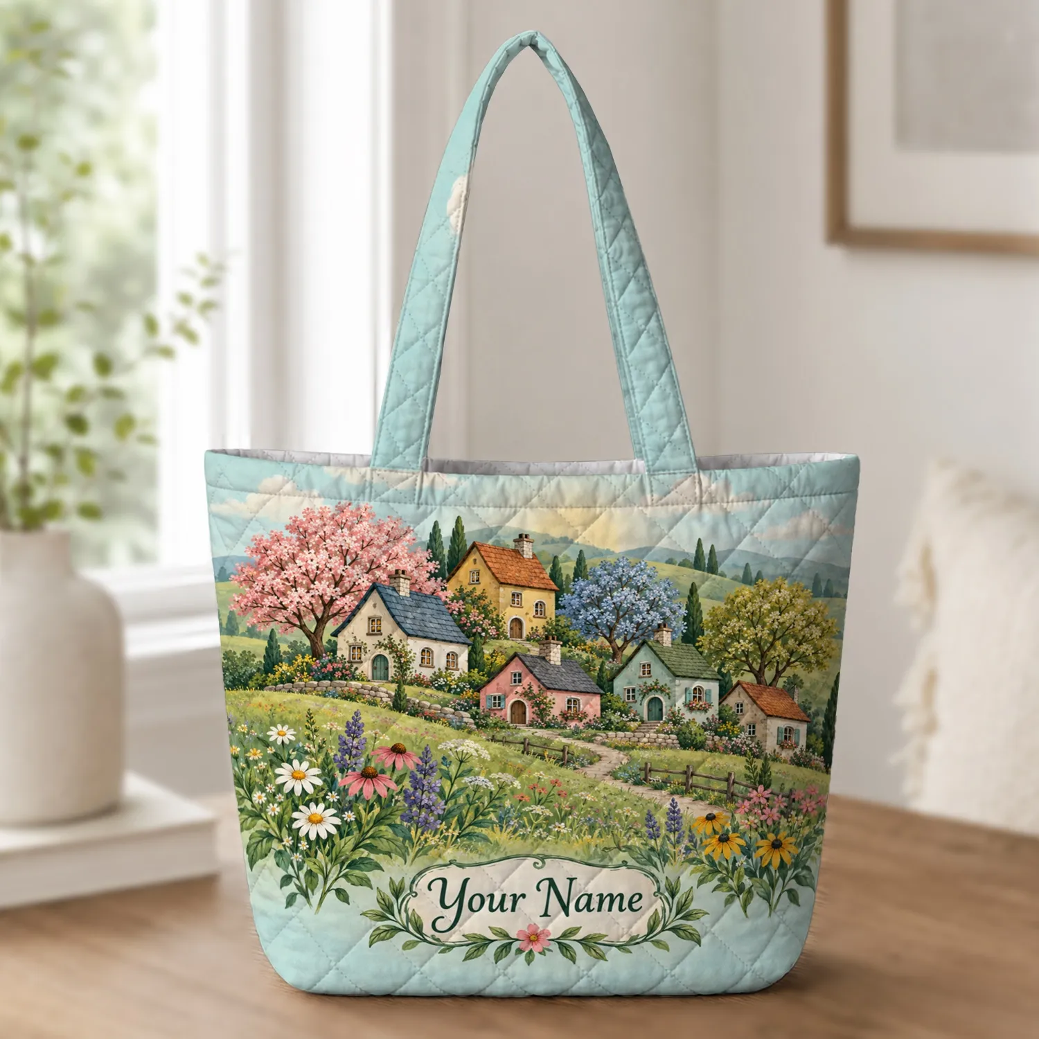 Storybook Cottage Village and Wildflower Meadow for Cozy Country Living and Gifting Quilted Tote Bag - 1
