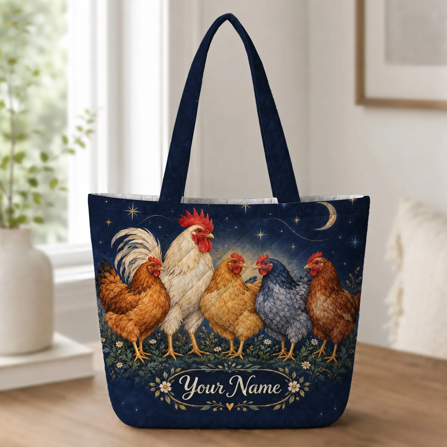 Starry Night Rooster and Hens for Farmhouse Laundry Days, Gifts for Chicken Lovers Quilted Tote Bag - 1