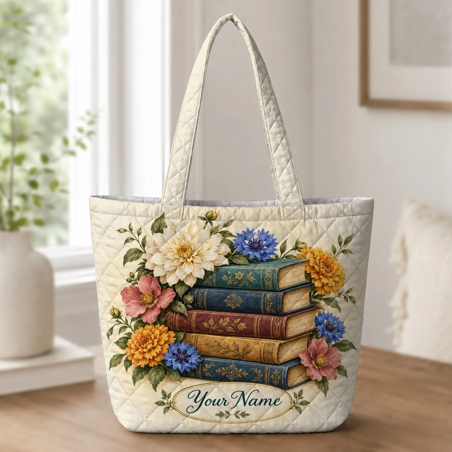 Vintage Books and Wildflowers for Cozy Cottagecore Reading Lovers and Book Nook Decor Quilted Tote Bag - 1