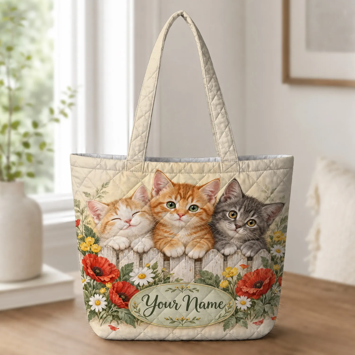 Three Playful Kittens in a Cottage Garden for Cat Lovers and Springtime Gifting Quilted Tote Bag - 1