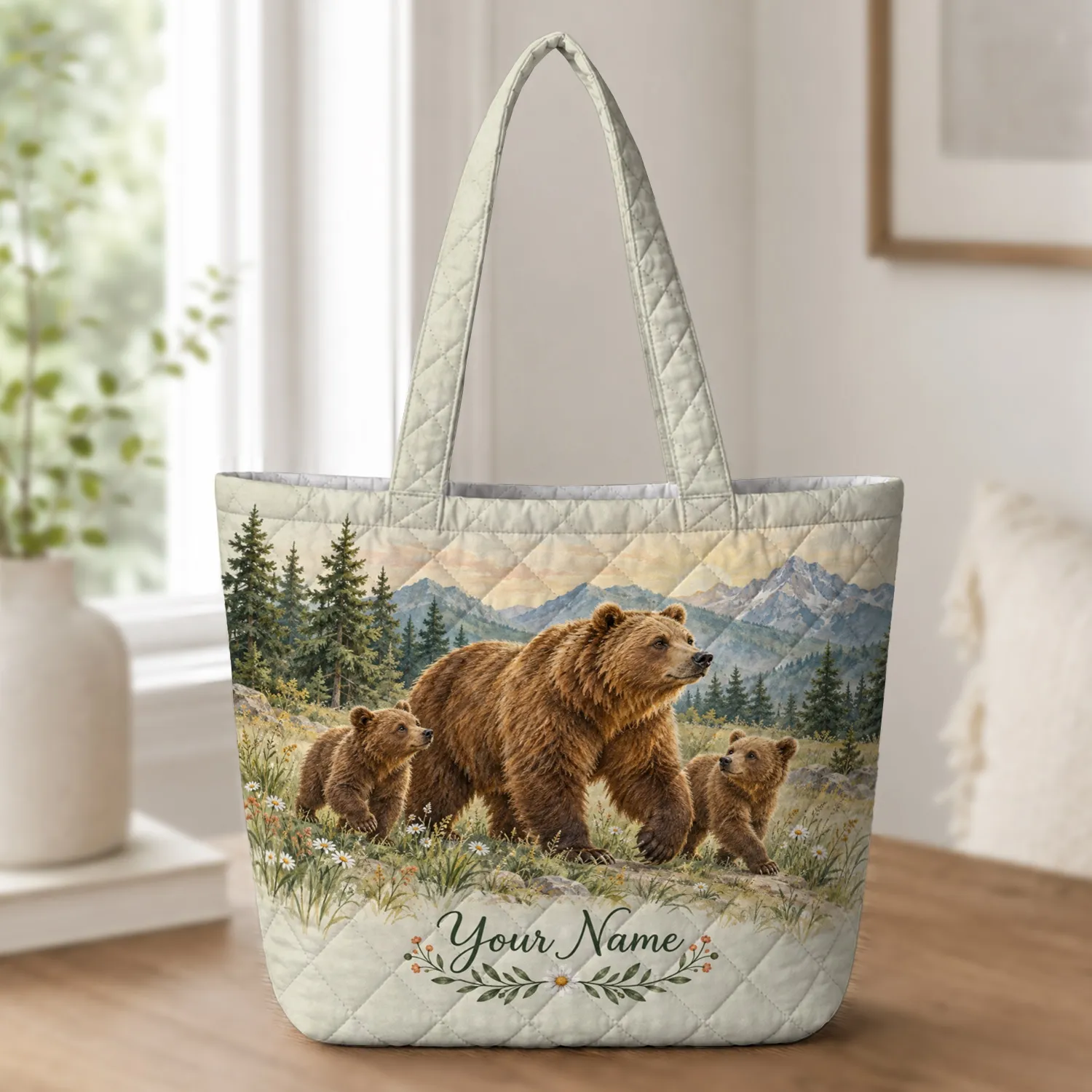 Brown Bear Family in a Mountain Meadow for Cozy Woodland Home and Nature Lovers Quilted Tote Bag - 1