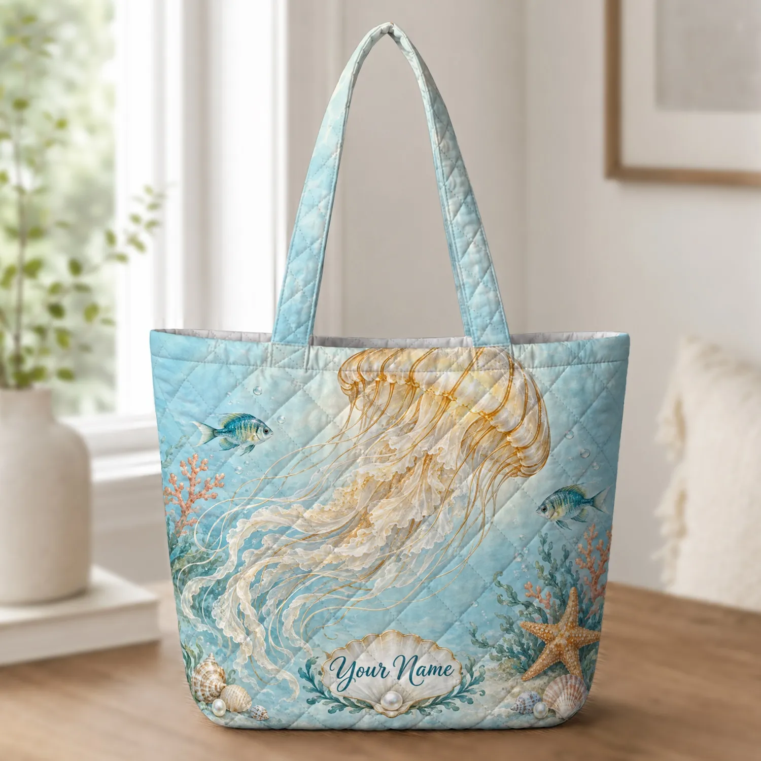 Pearl Jellyfish and Coral Ocean Scene for Coastal Home and Beach Lovers Quilted Tote Bag - 1