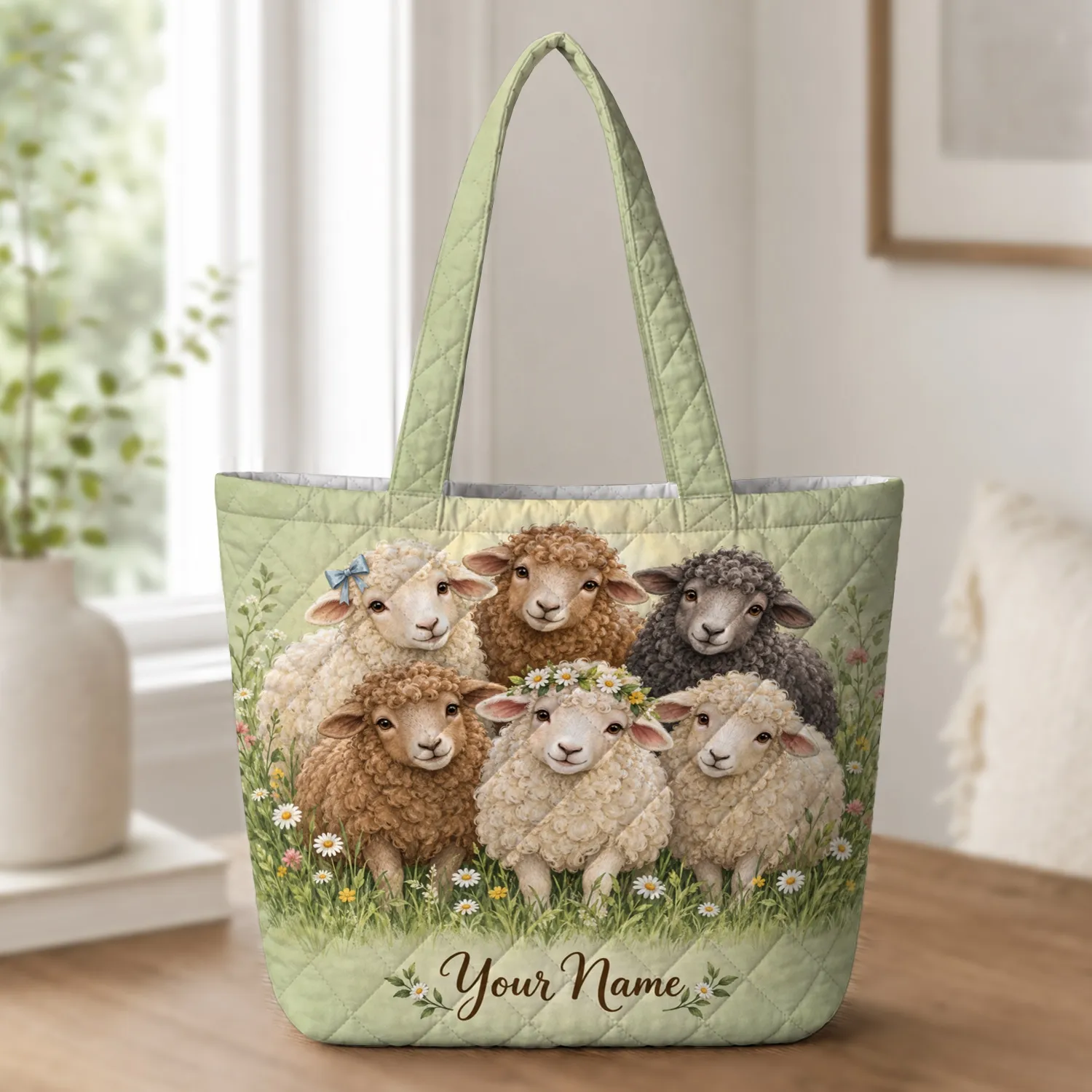 Six Sheep Meadow Scene For Farmhouse Style And Sheep Lover Gifts Quilted Tote Bag - 1