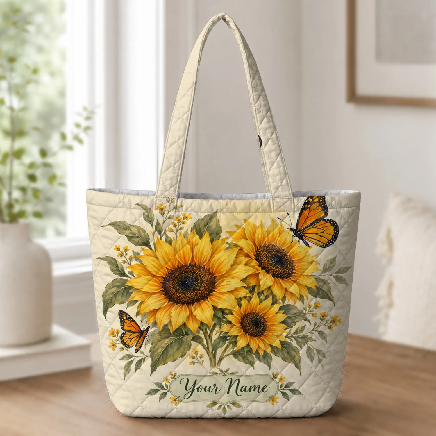 Golden Sunflowers and Monarch Butterflies for Cottage Garden Lovers Quilted Tote Bag - 1