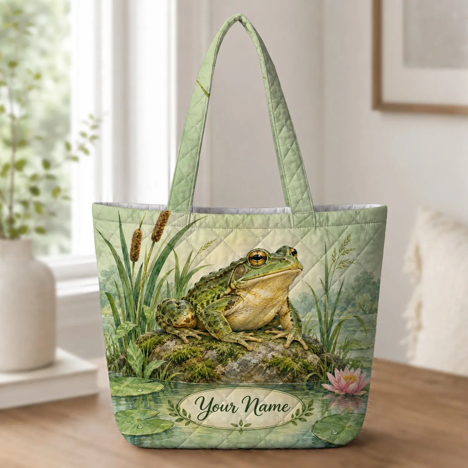 Green Frog on Mossy Pond Rock with Water Lilies for Cottagecore Nature Lovers Quilted Tote Bag - 1