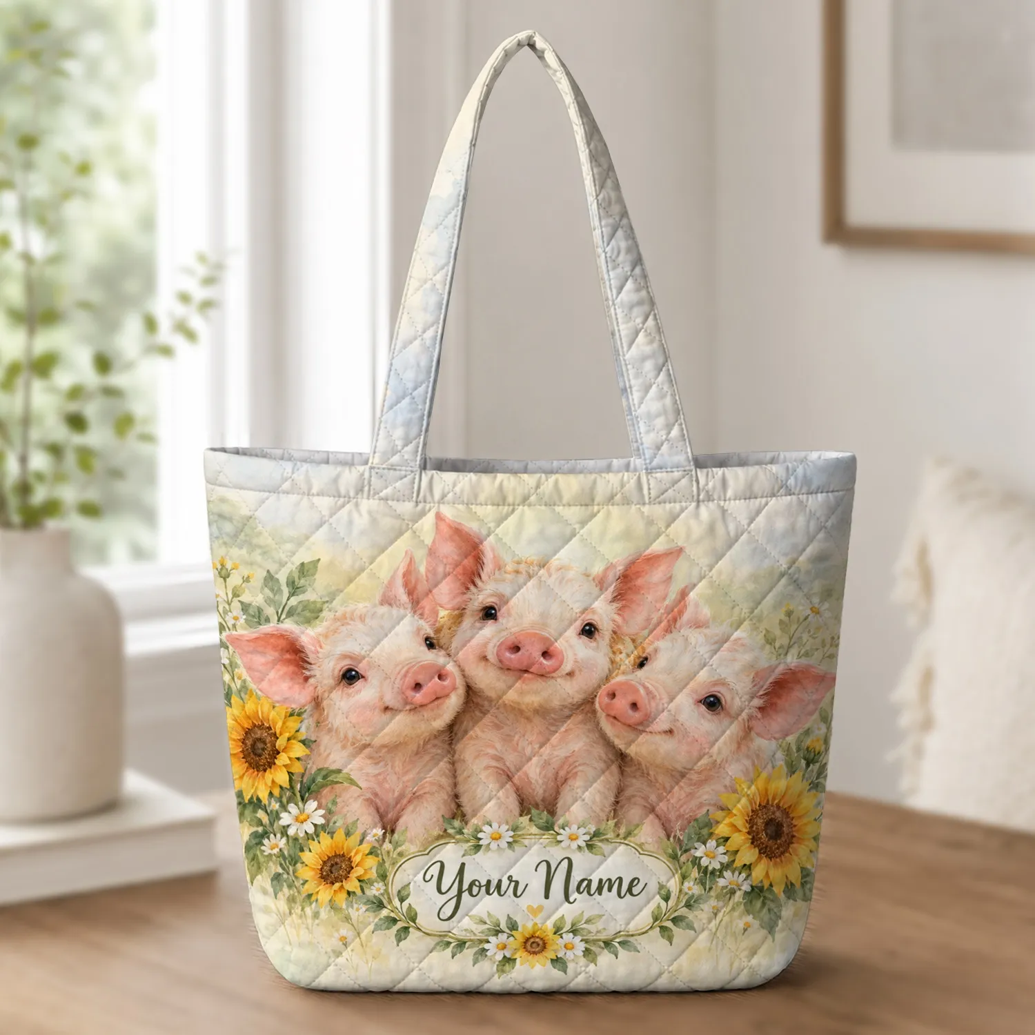 Watercolor Piglets And Sunflowers For Country Living Gifts For Women And Pig Lovers Quilted Tote Bag - 1