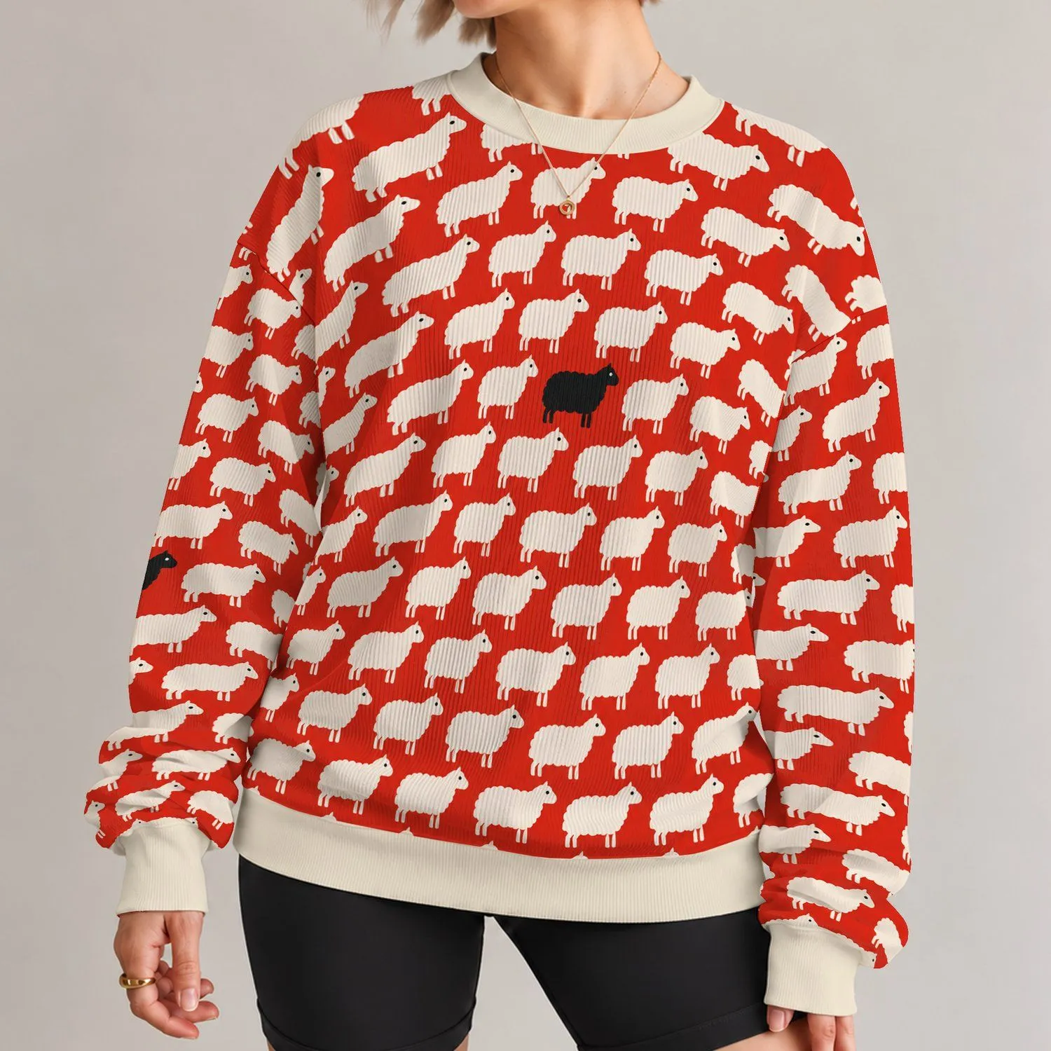 Cream Sheep on Red Field for Cozy Farmhouse Casual Layering and Everyday Wear All-over Print Knitted Sweater - 1