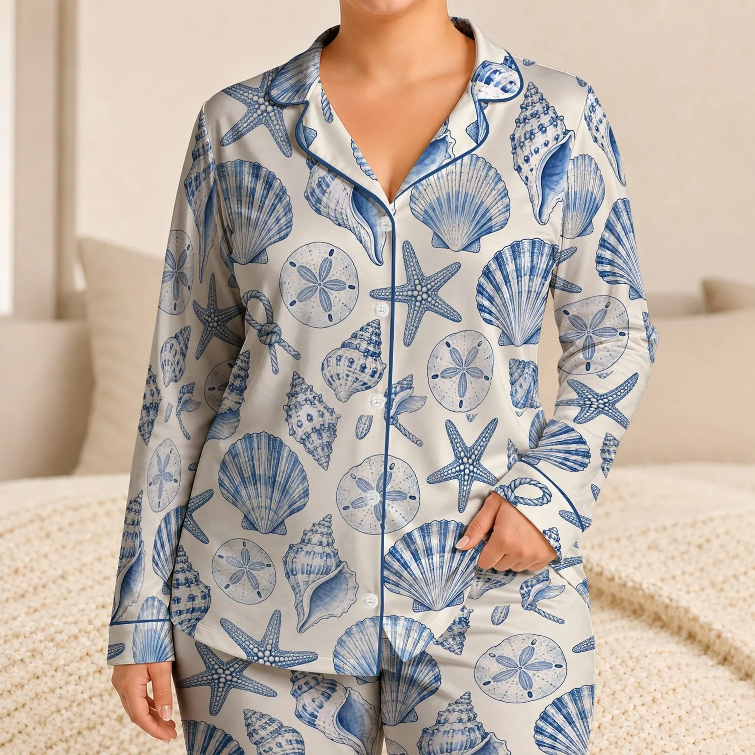 Blue Seashells and Starfish for Coastal Getaways and Relaxed Beachside Living Satin Pajamas Set - 1