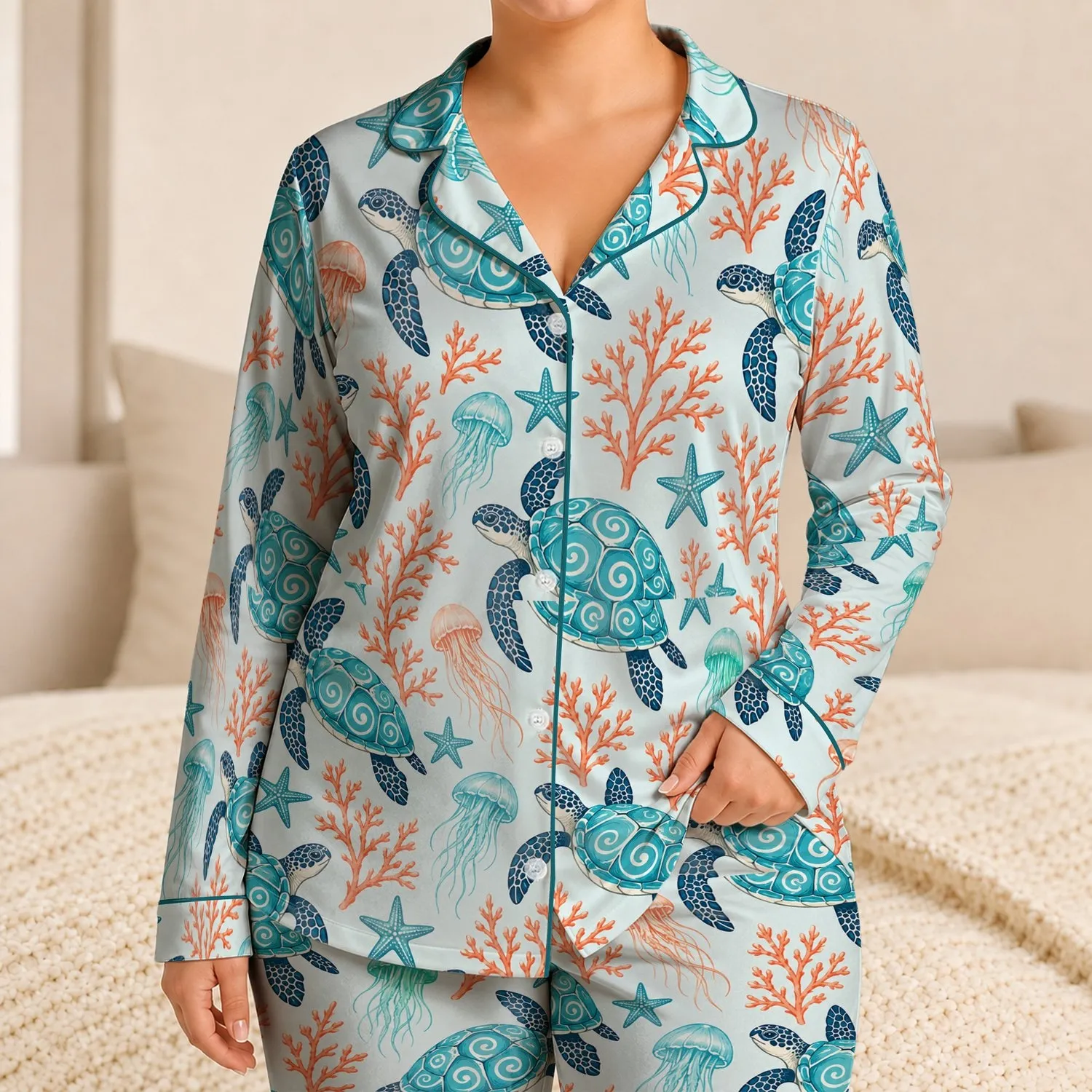 Ocean Turtle and Coral Motifs for Relaxed Coastal Evenings and Beachside Getaways Satin Pajamas Set - 1
