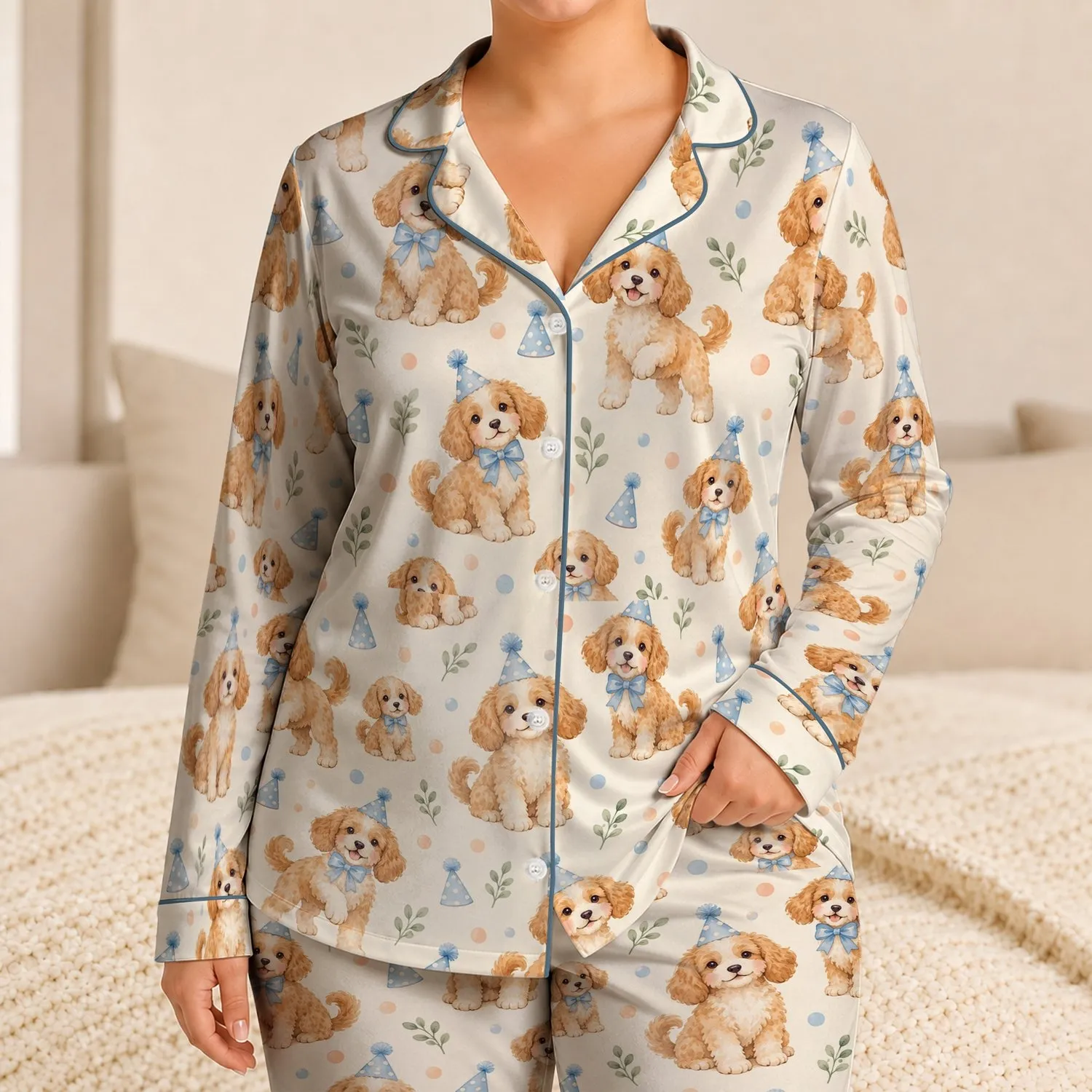 Sweet Party Hat Puppies for Cozy Birthday Mornings and Cheerful Home Lounging for Her Satin Pajamas Set - 1