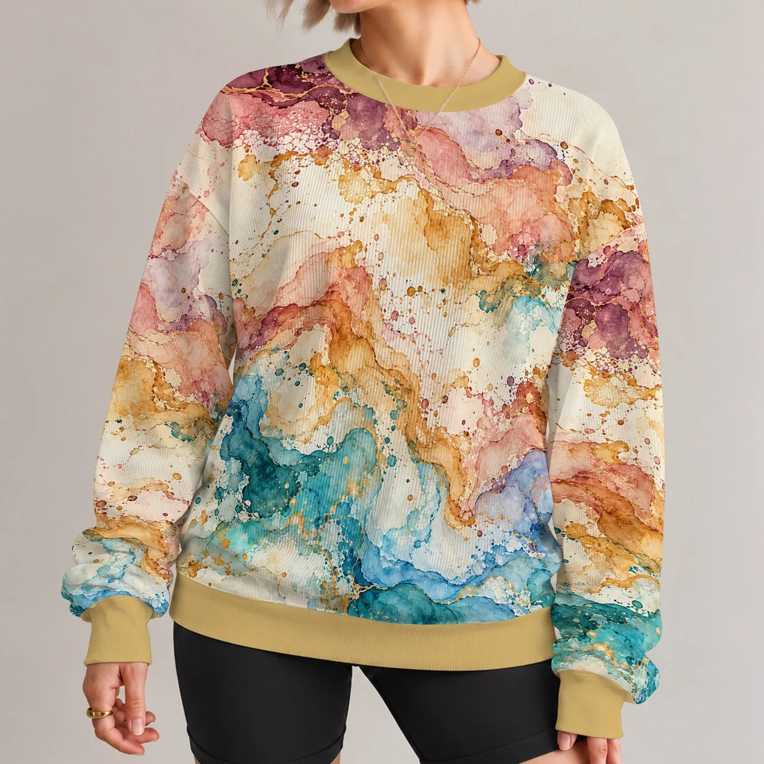 Abstract Turquoise And Ochre Watercolor Swirls For Creative Everyday Style And Artistic Wardrobes All-over Print Knitted Sweater - 1