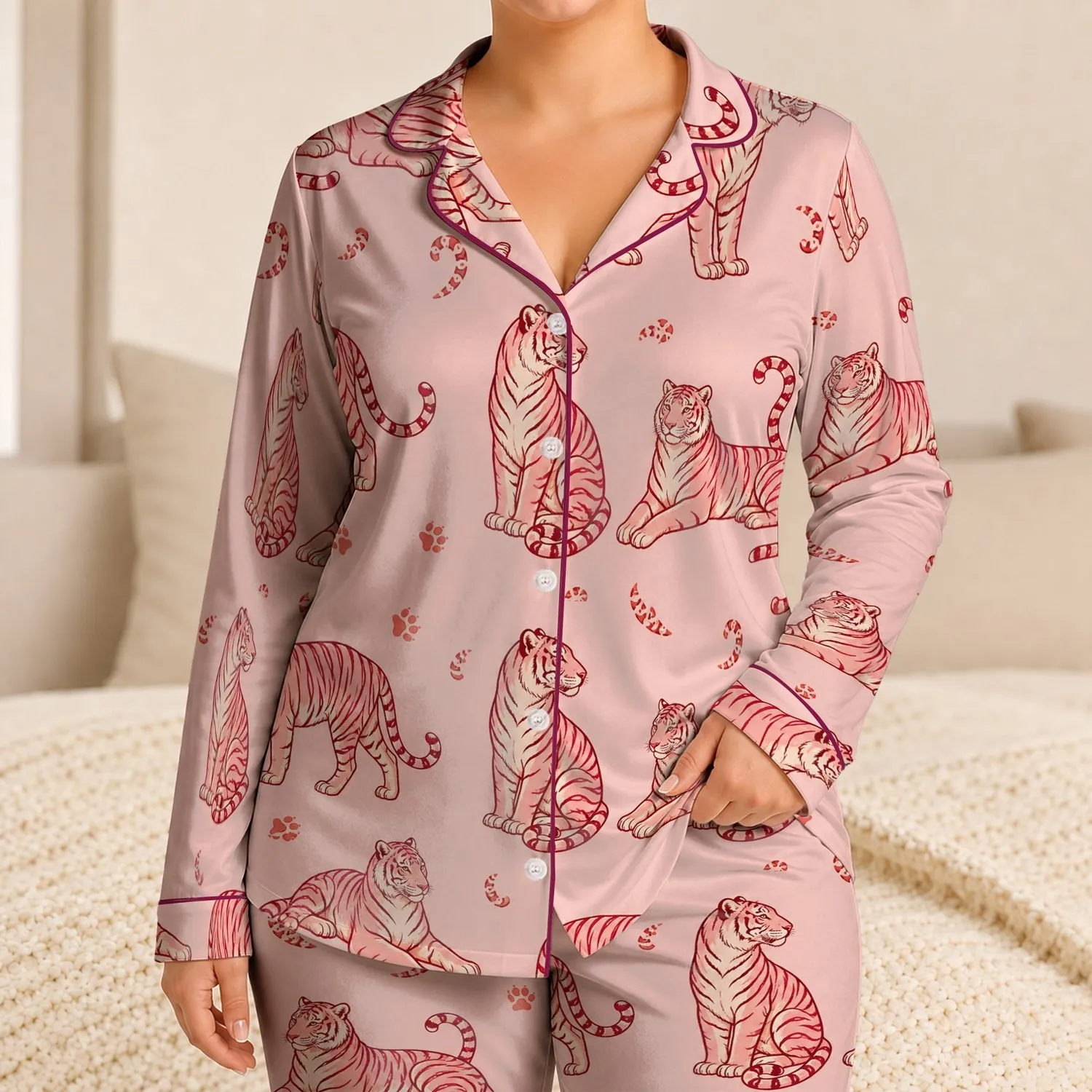 Bengal Tiger Motifs for Cozy Lounging, Relaxed Evenings and Thoughtful Gifts for Her Satin Pajamas Set - 1