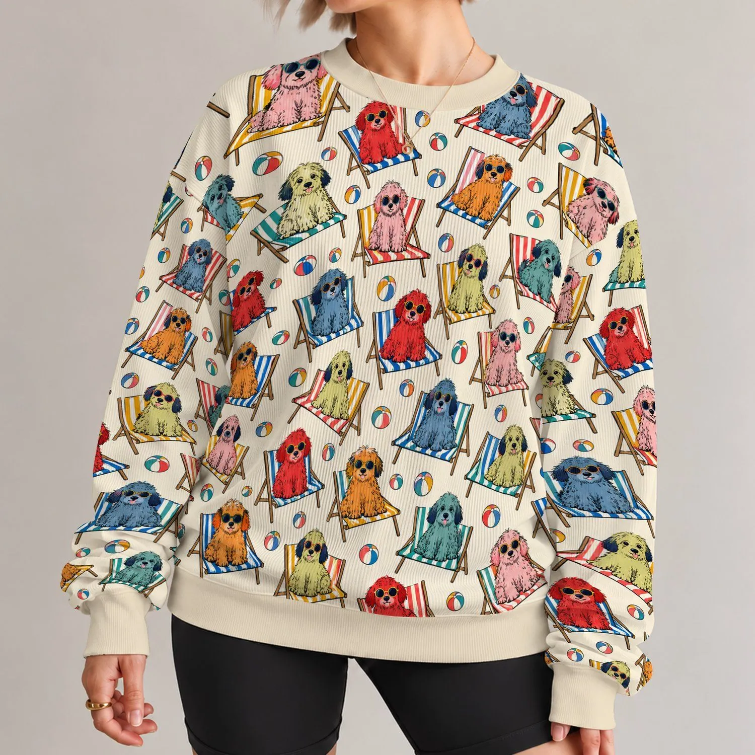 Whimsical Dogs Lounging on Striped Beach Chairs for Sunny Everyday Style All-over Print Knitted Sweater - 1