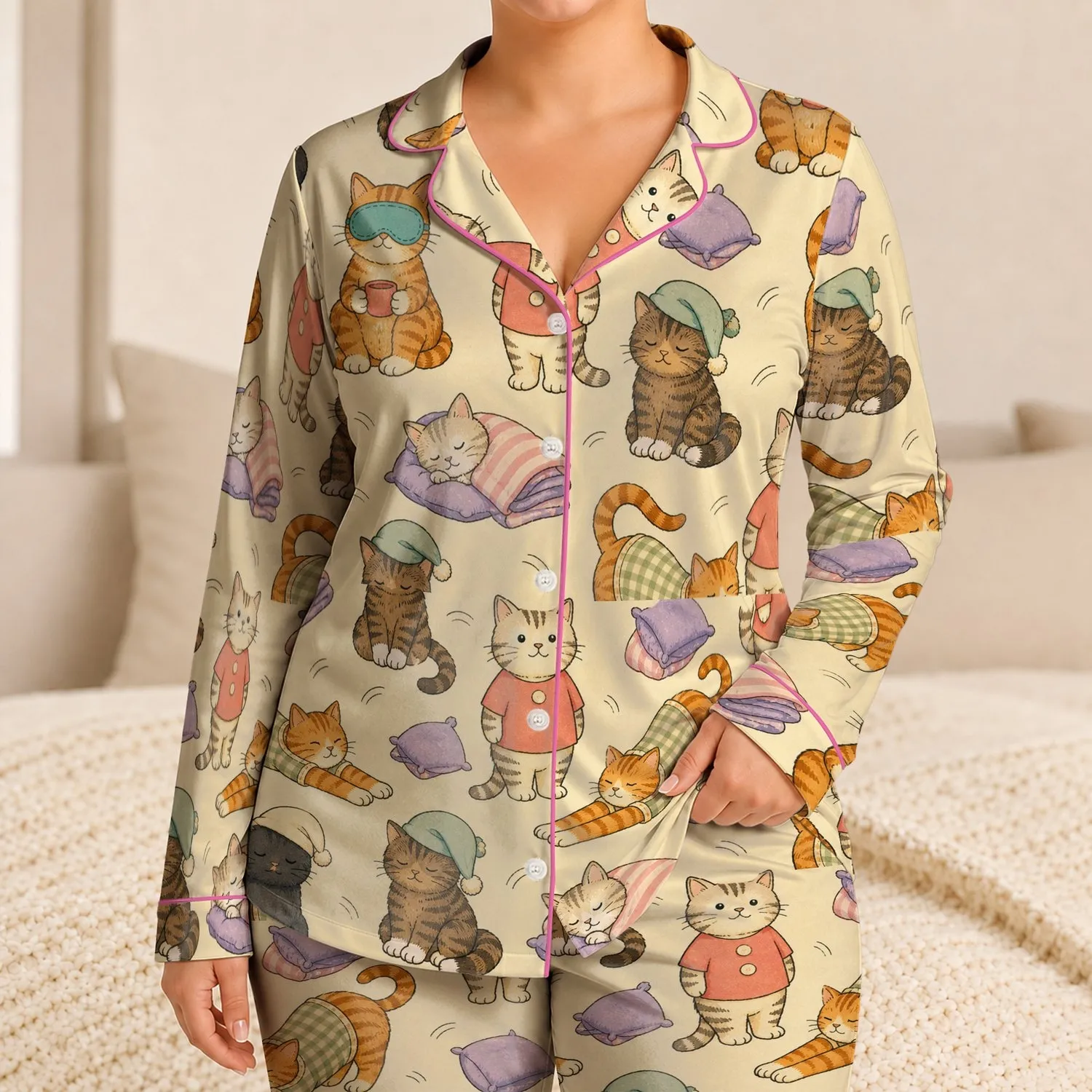 Vintage Cat Bedtime Scene for Cozy Nights, Sleepovers and Relaxed Family Lounging Satin Pajamas Set - 1