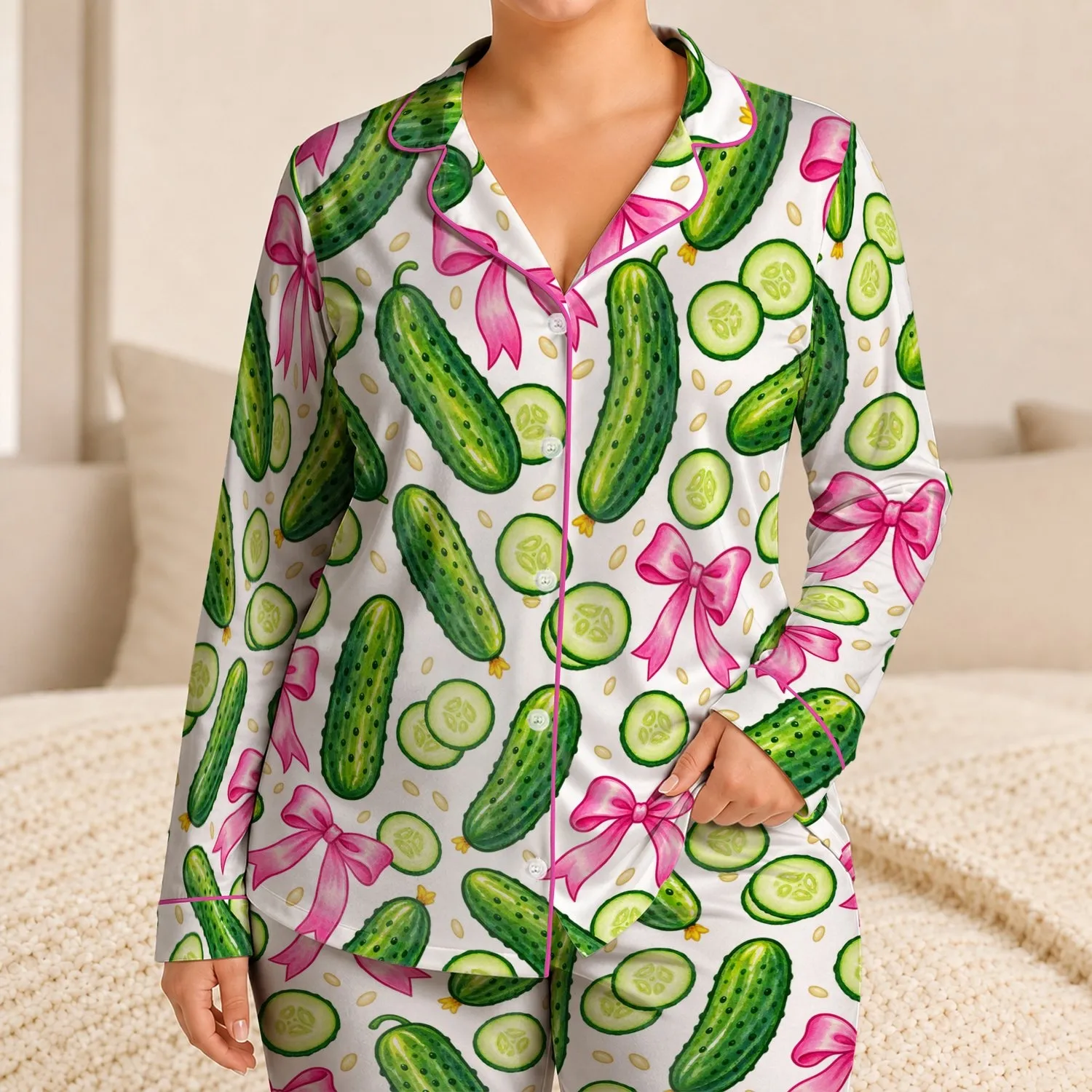 Cucumber Bow Garden Motif for Kids, Cheerful Everyday Home Lounging and Vacation Wear Satin Pajamas Set - 1
