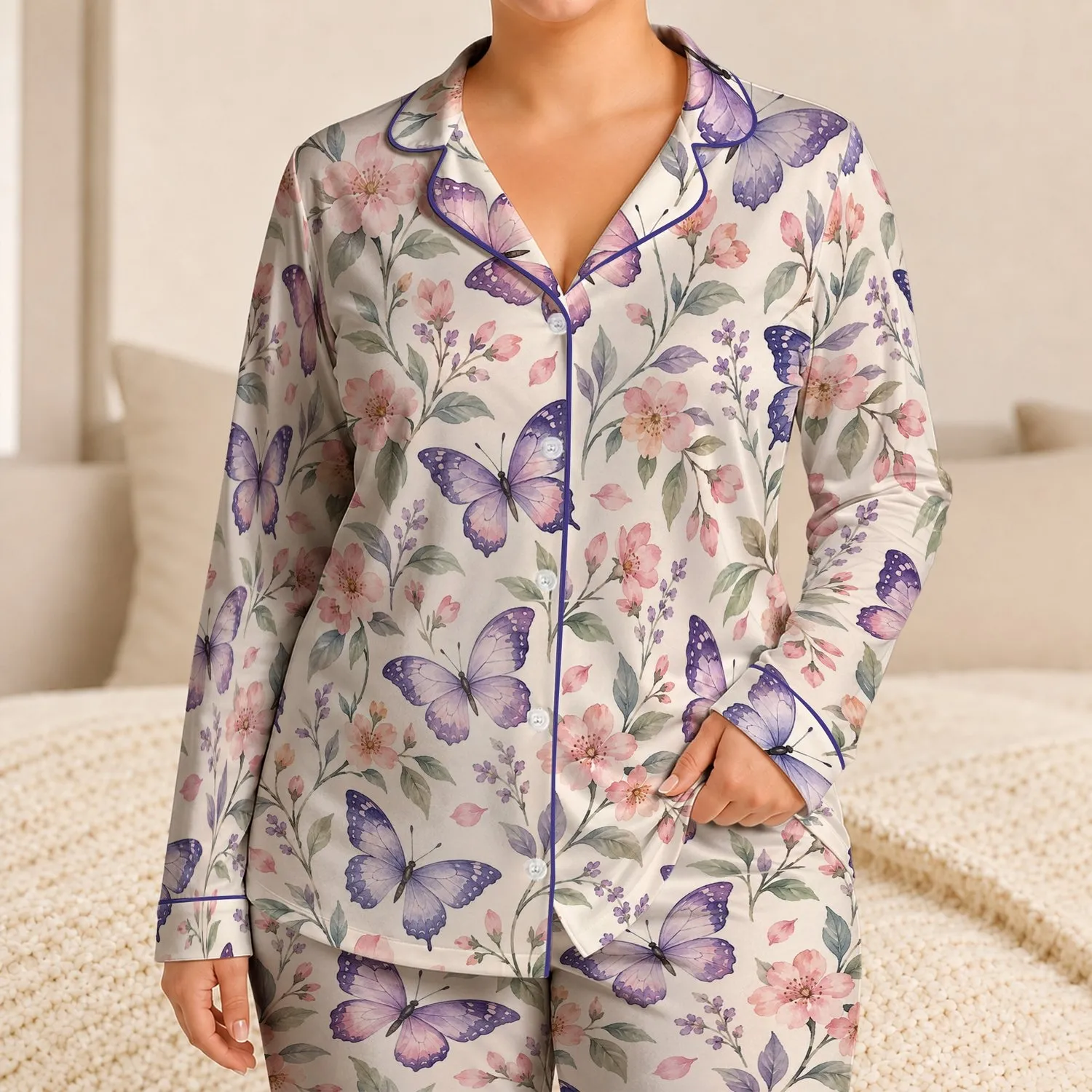 Watercolor Butterflies and Blossoms for Serene Evenings and Relaxed Springtime Lounging Satin Pajamas Set - 1
