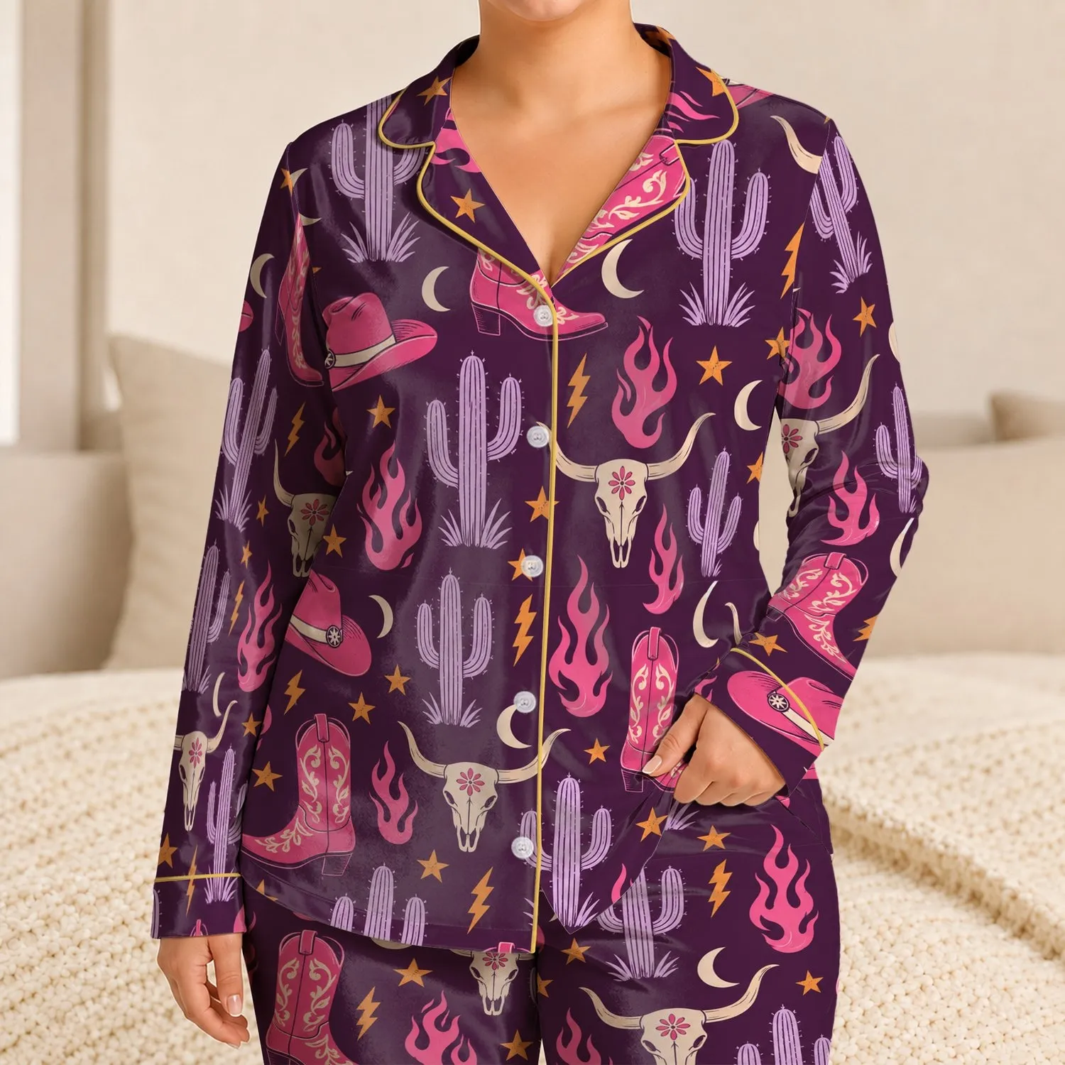 Western Cowboy Boots, Hats & Cacti for Cozy Ranch Nights and Country Music Lovers Satin Pajamas Set - 1