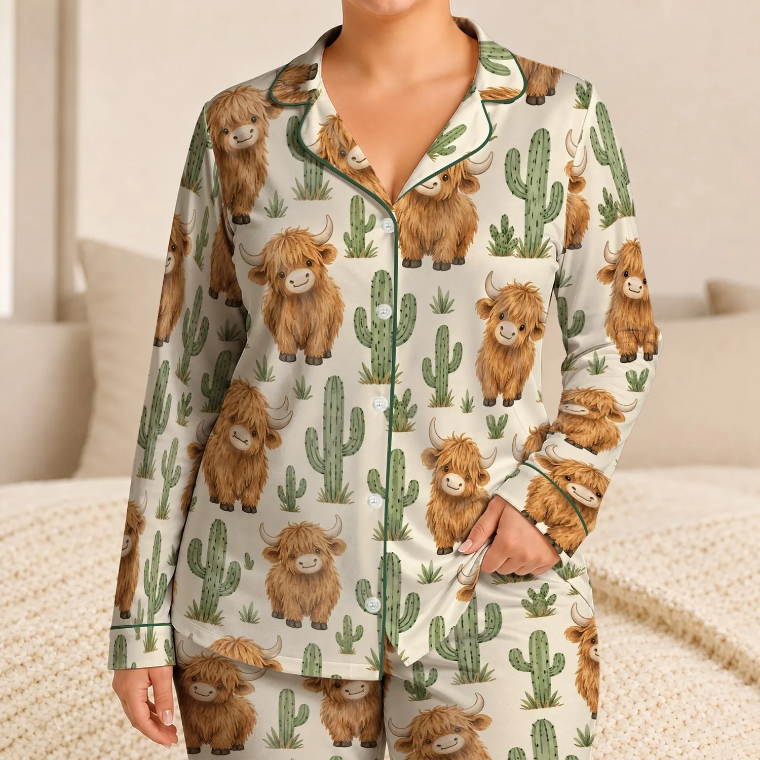 Highland Cow And Cactus Motifs For Cozy Western-Inspired Lounging And Relaxed Weekends Satin Pajamas Set - 1