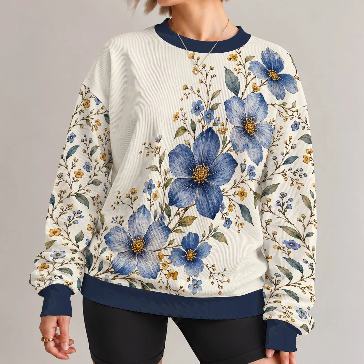 Blue Wildflower Botanical Motif for Spring Outings and Everyday Wear for Women All-over Print Knitted Sweater - 1