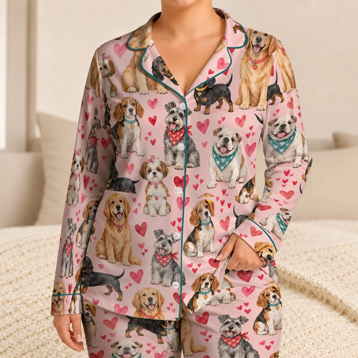 Watercolor Puppy Hearts for Cozy Valentine Evenings and Sweet Dog Lover Lounging Satin Pajamas Set - 1