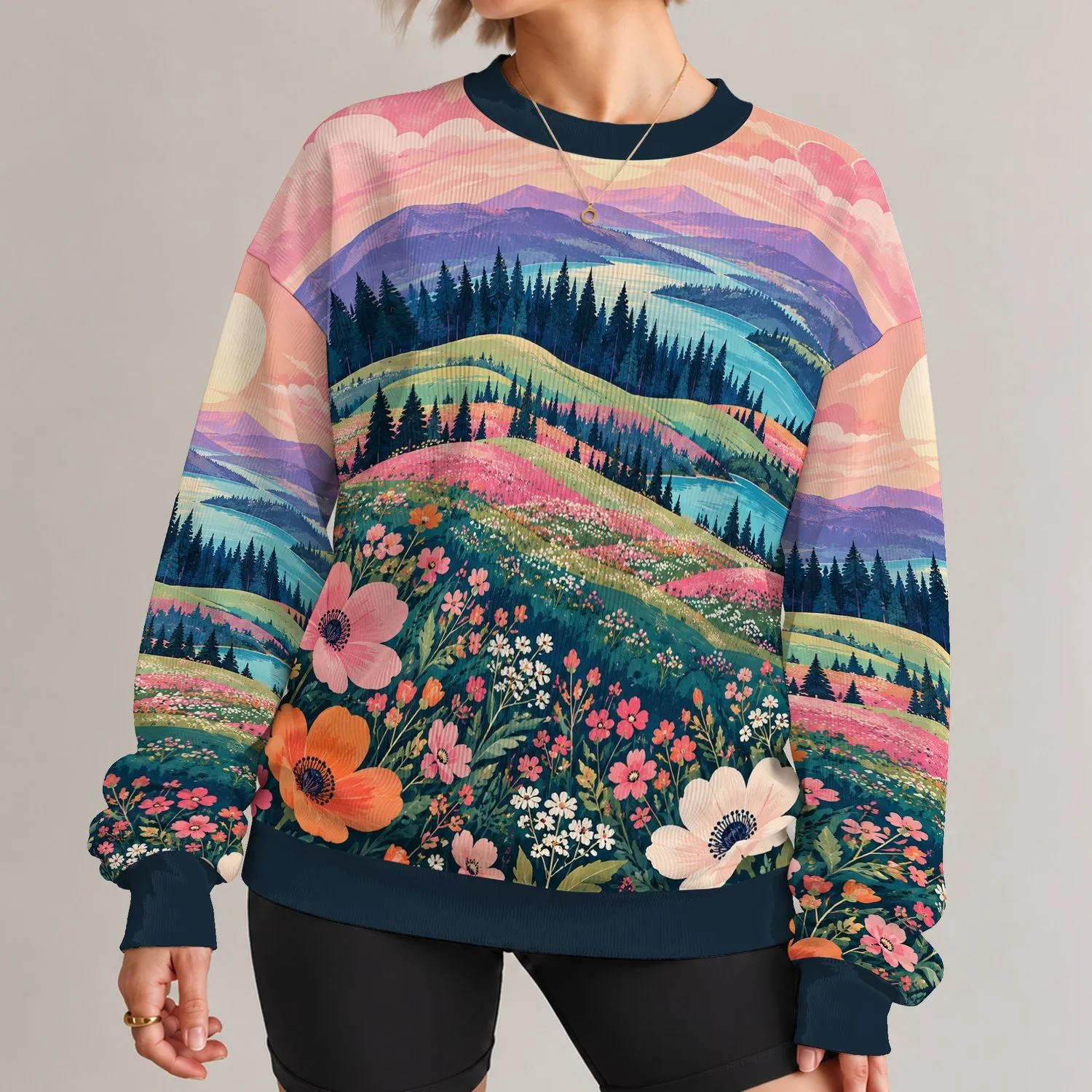 Rolling Wildflower Hills With Pink Blooms For Colorful Nature-Inspired Outfits All-over Print Knitted Sweater - 1
