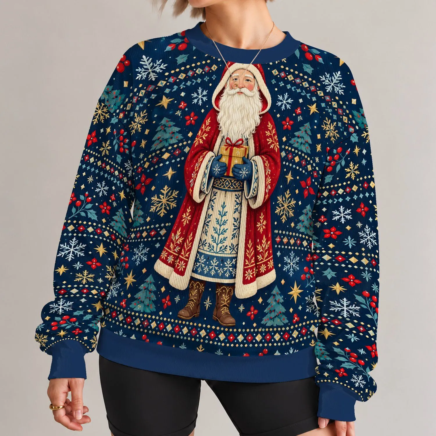 Red Cloaked Gift Bringer With Snowflakes For Festive Holiday Gatherings All-over Print Knitted Sweater - 1
