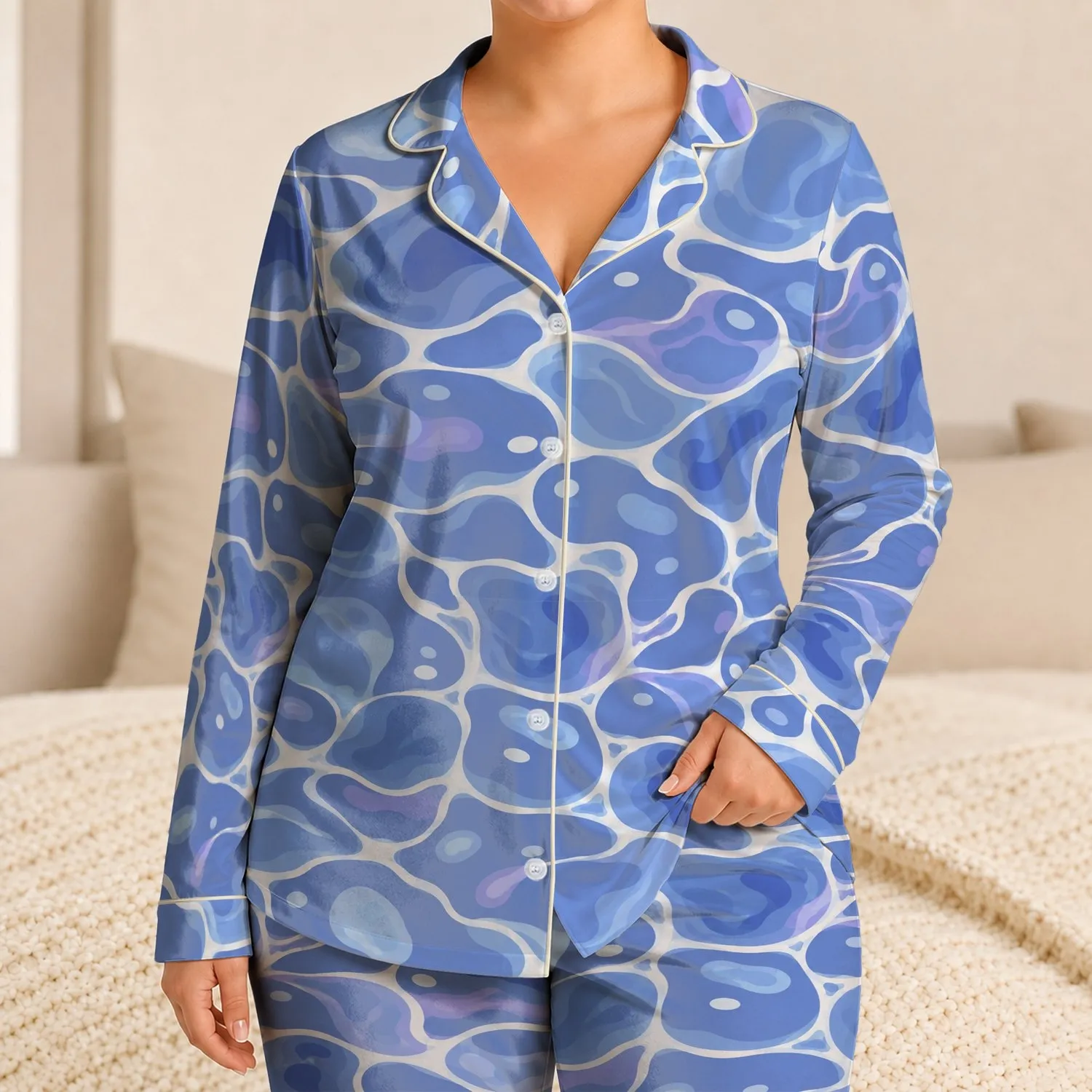 Blue Pool Ripple Shapes for Relaxed Lounging and Calm Everyday Comfort at Home Year-Round Satin Pajamas Set - 1