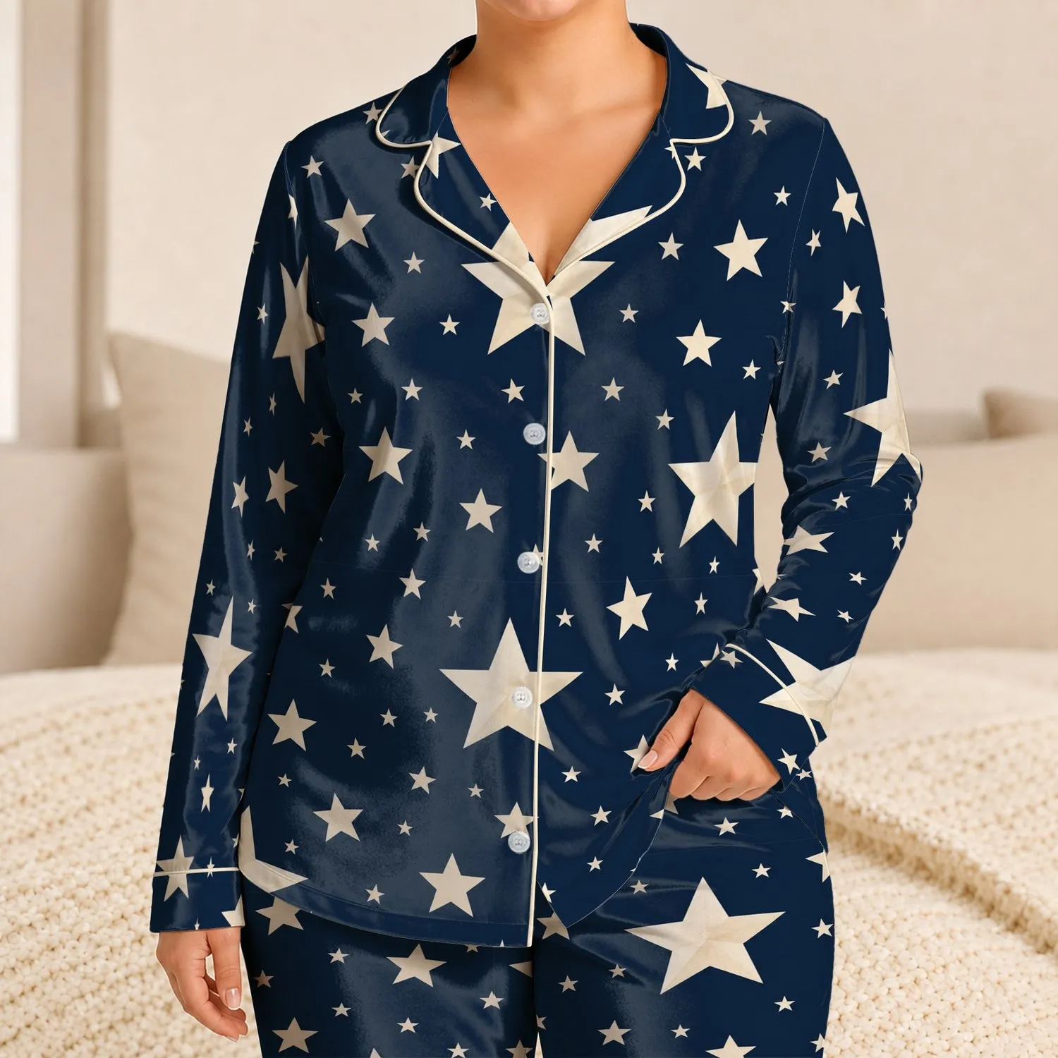 Ivory Stars on Midnight Navy for Cozy Lounging and Dreamy Summer Nights at Home Satin Pajamas Set - 1